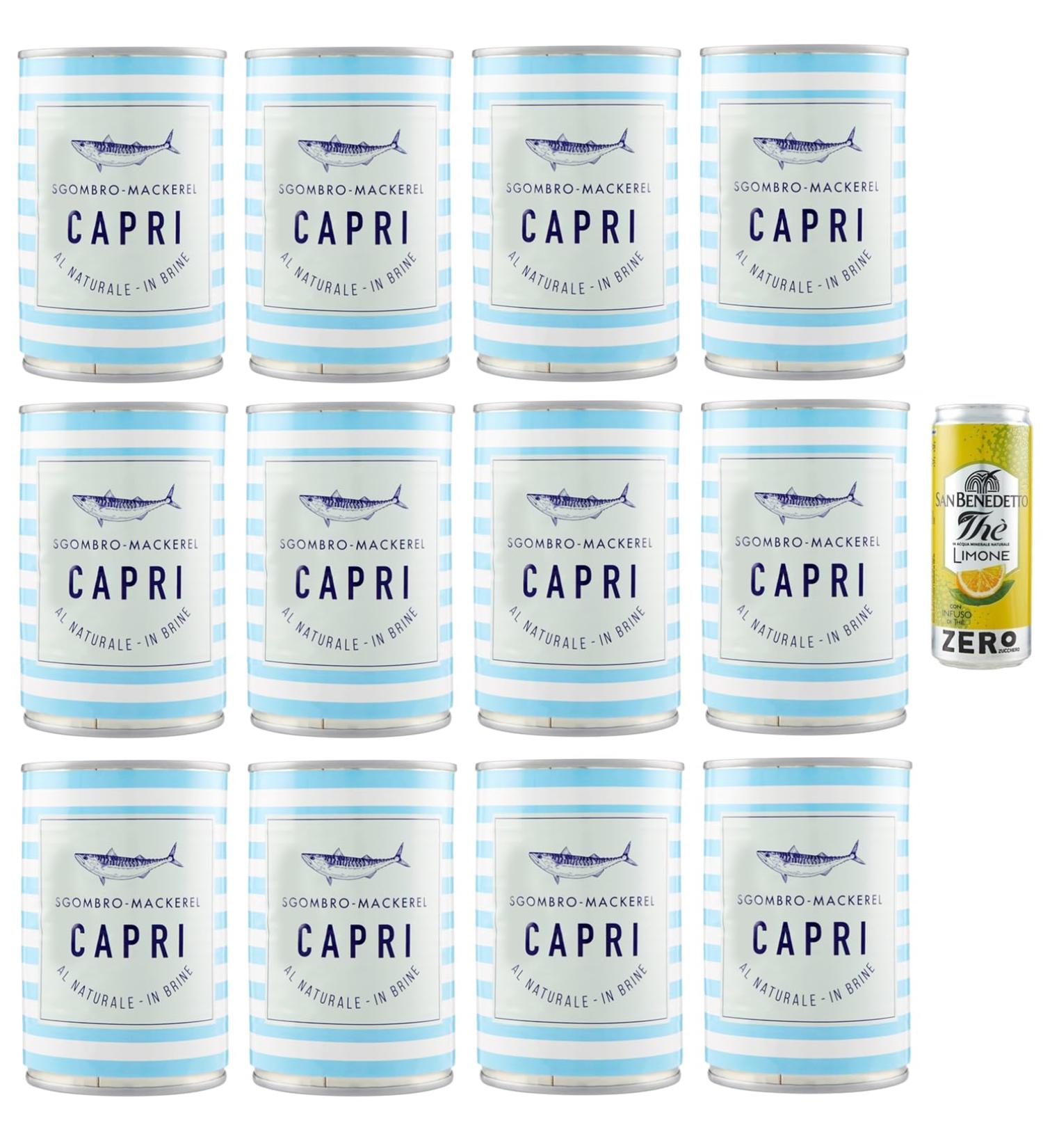  San Benedetto Capri Natural Sgombro Pack of 12 natural mackerel in a 425g can + 1 sachet of San Benedetto sugar-free lemon iced tea in a 330ml can - Buy Online on GoSupps.com