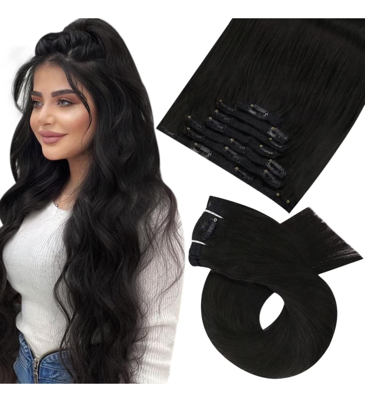 Moresoo Clip In Extensions - Real Remy Human Hair 60cm Long Natural Black #1B 120g 7 Pieces - Perfect Clip-In Hair Extensions for Volume & Length - Buy Online on GoSupps.com