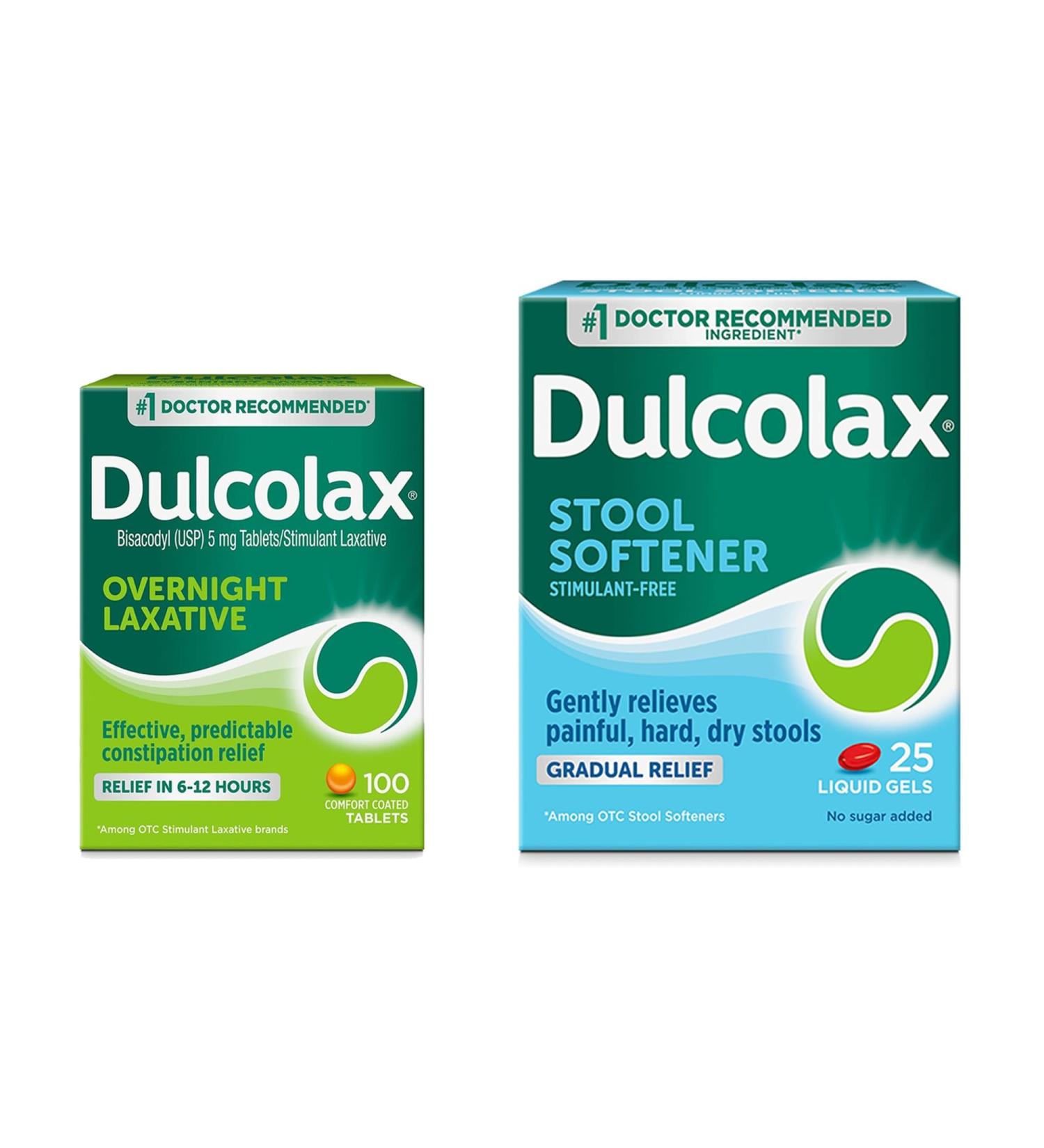 Dulcolax Stimulant Laxative Tablets Gentle Overnight Constipation Relief Bisacodyl 5mg 100 Ct Stool Softener Laxative Liquid Gel Capsules for Gentle Relief Docusate Sodium 100mg 25 Ct - Buy Online on GoSupps.com