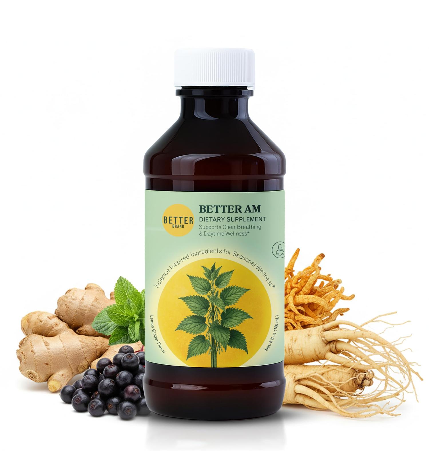 Betterbrand BetterAM Daytime Wellness Syrup Natural Non-Drowsy Support for Immune, Sinus, Energy & Respiratory Health with Elderberry, Quercetin, Cordyceps & Ginseng - Buy Online on GoSupps.com