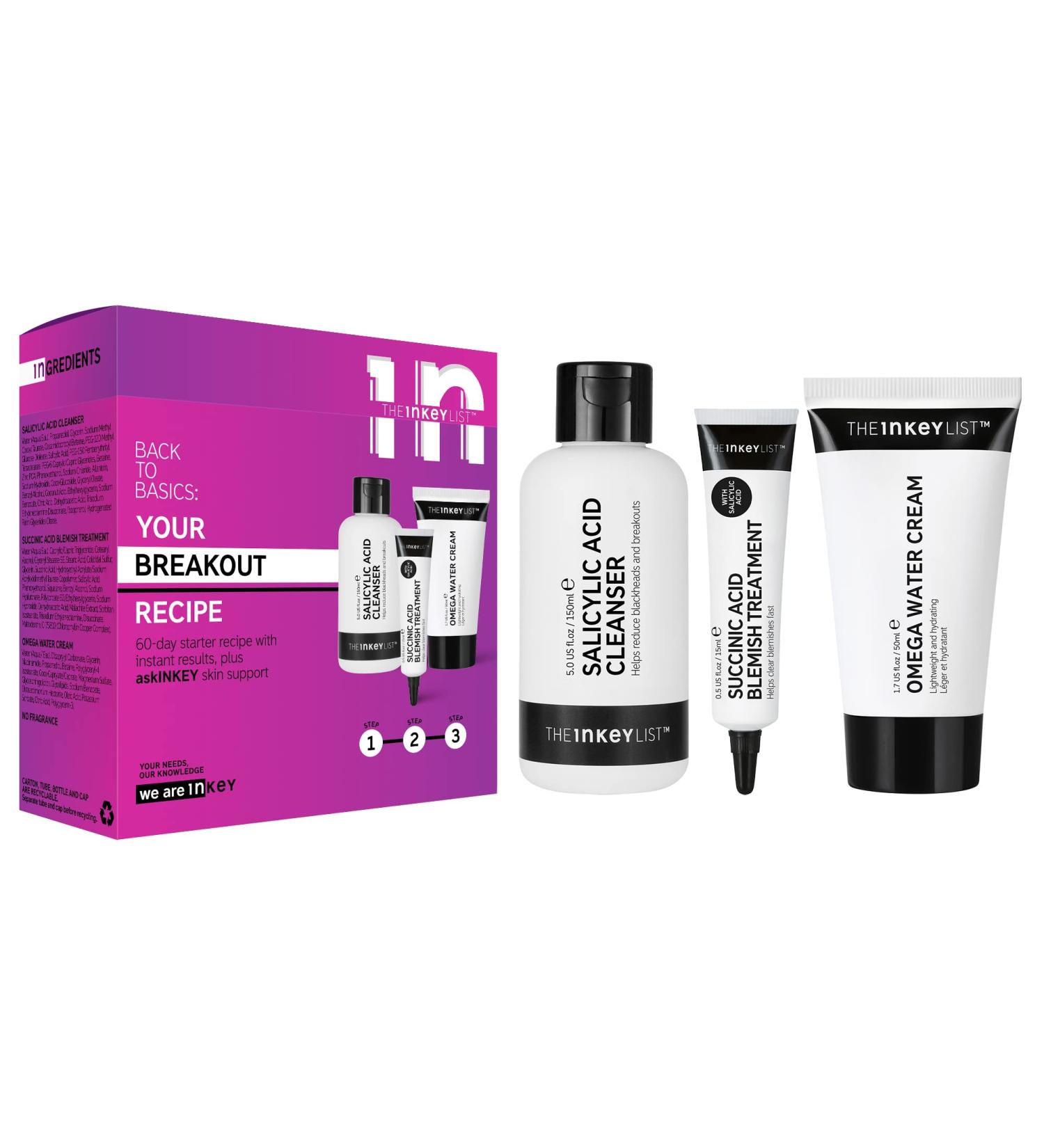 The INKEY List | Back To Basics: Your Breakout Recipe | Clear Skin Starter Kit | Salicylic Acid Cleanser | Omega Water Cream | Succinic Acid Blemish Treatment | Suitable for All Ages - Buy Online on GoSupps.com