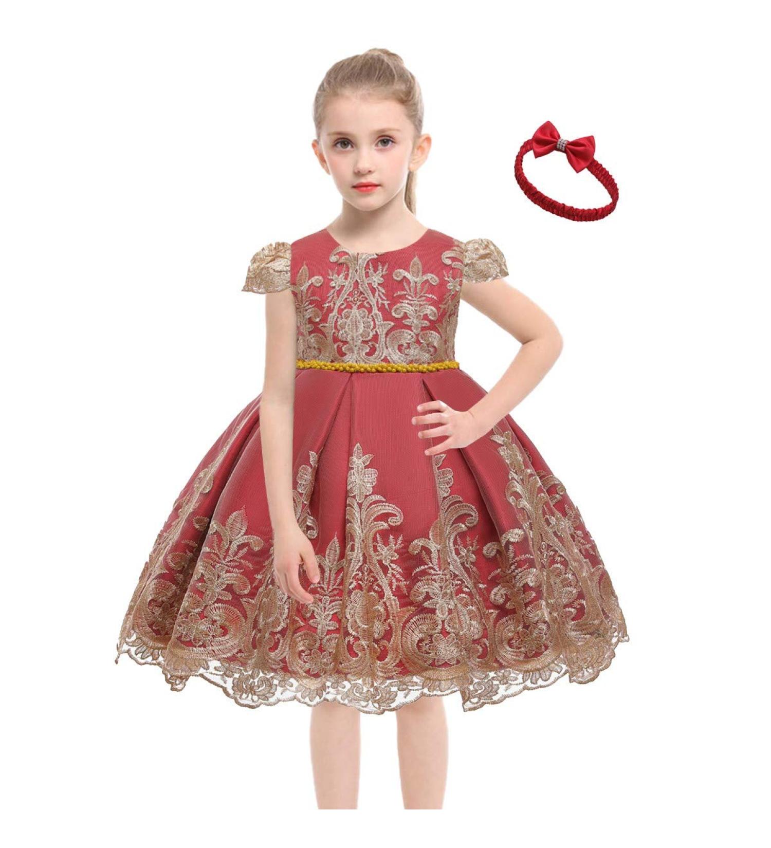 Myrisam Baby Girl Embroidered Birthday Christening Dress | Backless Wedding Party Baptism Gown w/ Headwear | 0-3 Months | Deep Red - Buy Online on GoSupps.com