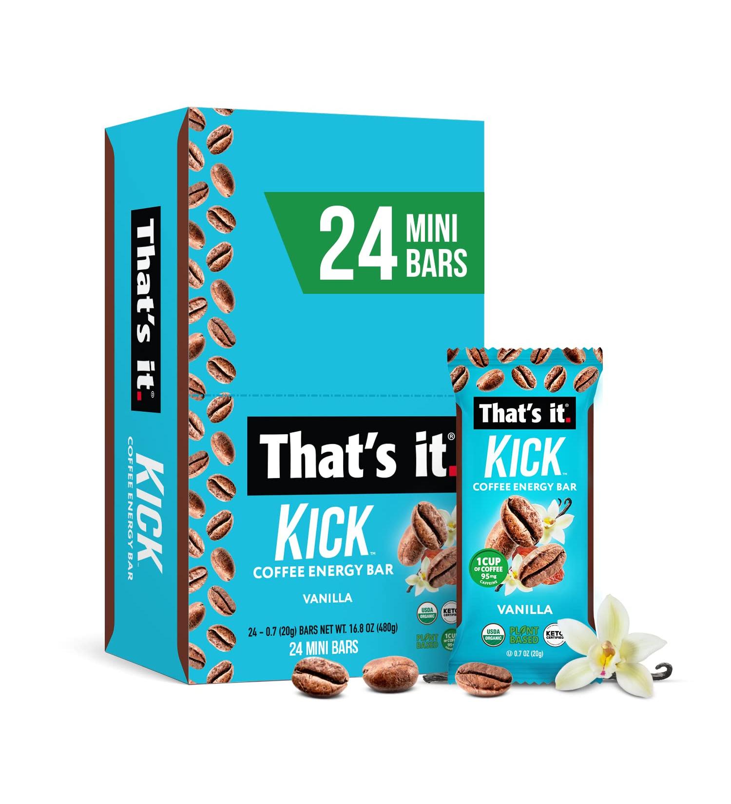 Thats it. Kick Coffee Energy Bar 24 Mini Bars - Plant-Based, Vegan, USDA Organic, 95mg Natural Caffeine, Keto Friendly - 24 Pack of Vanilla Bars - Buy Online on GoSupps.com