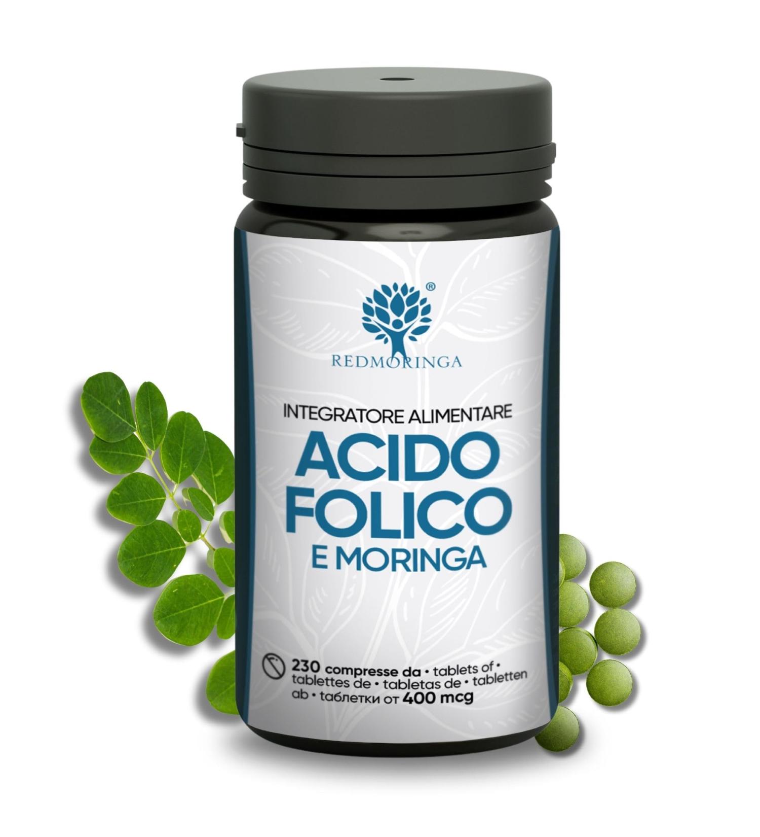Folic Acid 400 mcg | 230 Vegan Tablets with Unique Organic Moringa | Pregnancy & Vitality Support | Natural Vitamin B9 | 100% Vegan Pregnancy Supplement | Made in Italy | RedMoringa - Buy Online on GoSupps.com