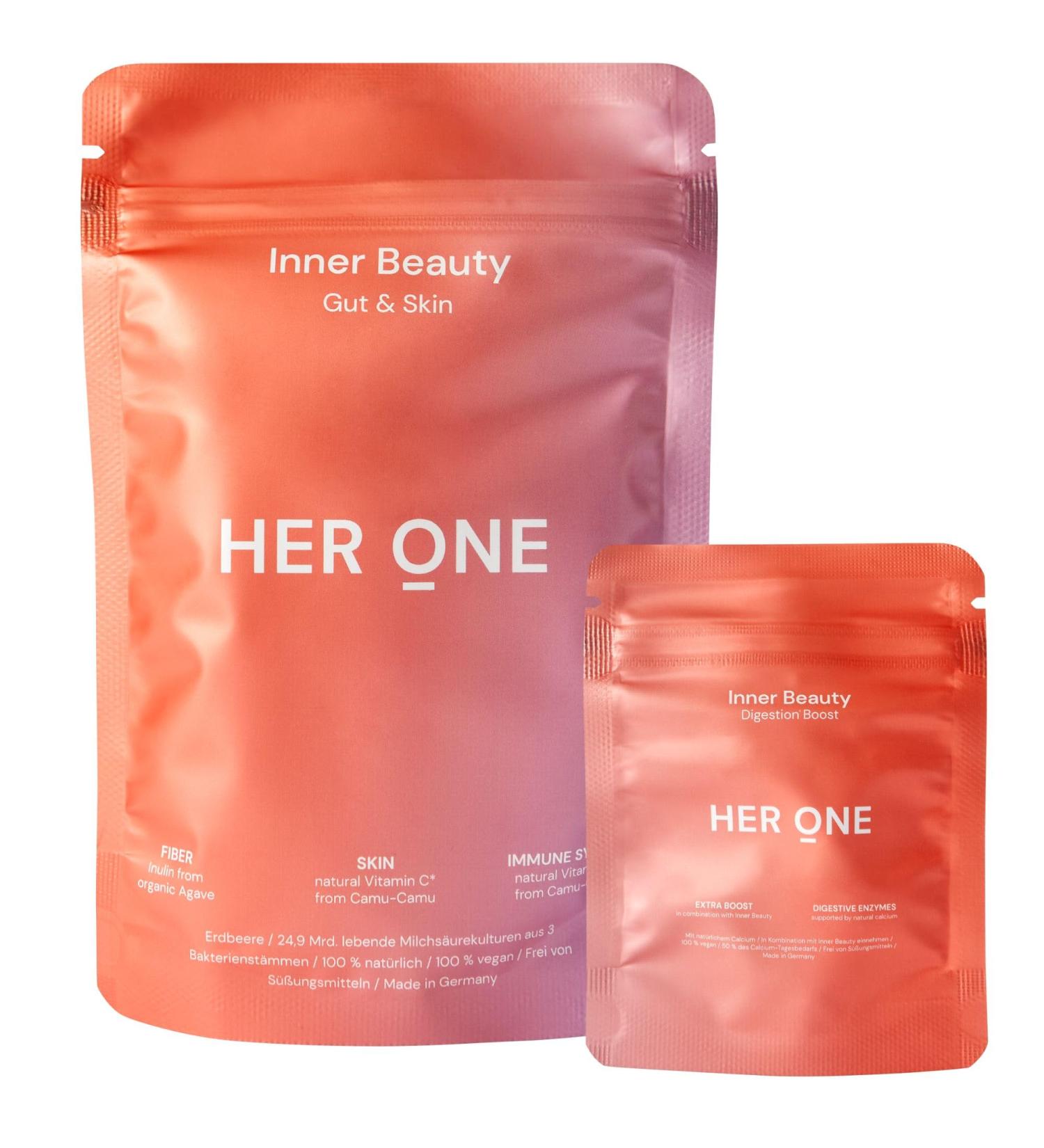 Her One Inner Beauty Raspberry Powder - Digestive Enzymes & Radiant Skin Capsules | 167g Superfood with Natural Vitamin C & Calcium - Buy Online on GoSupps.com
