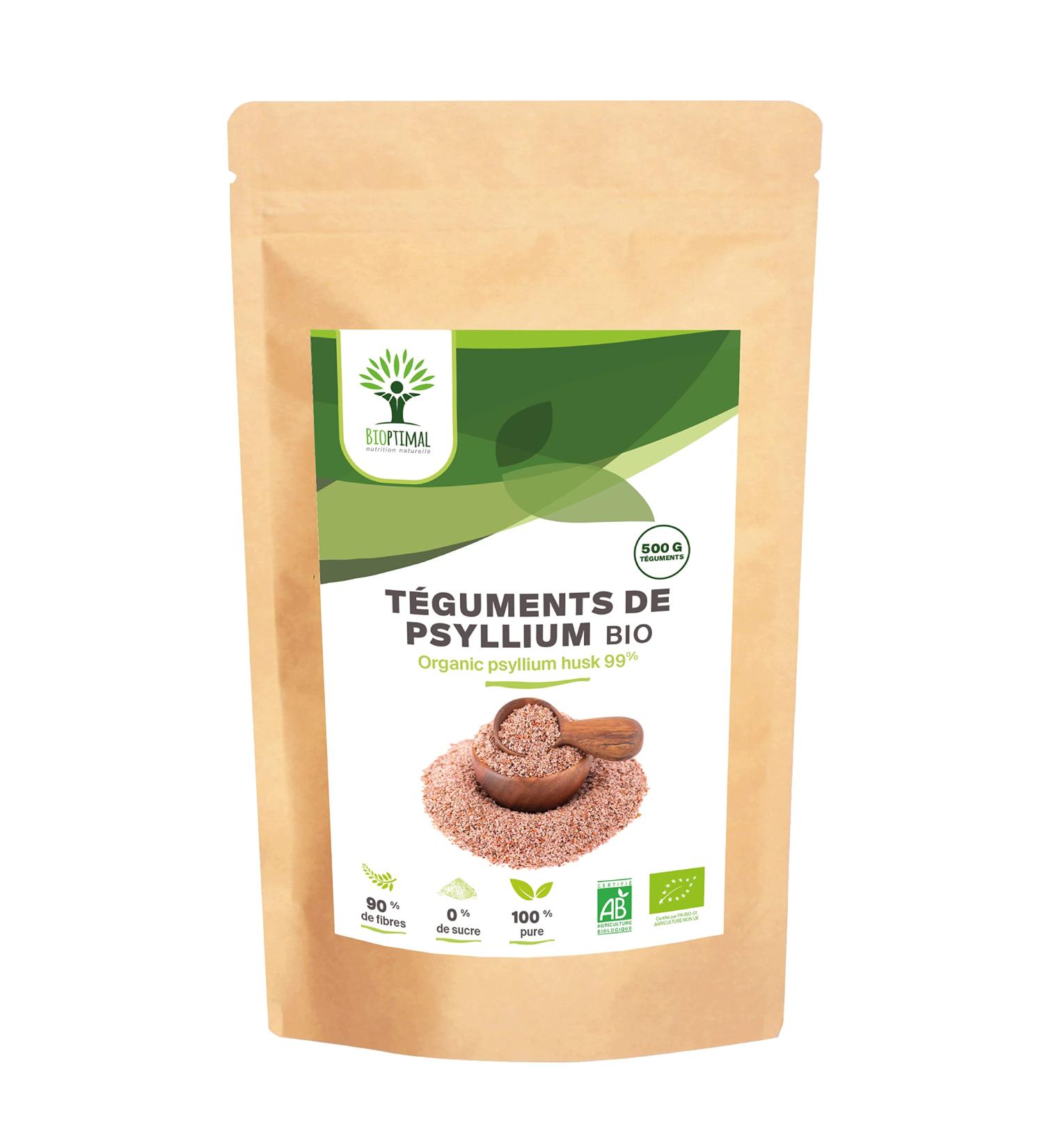 Psyllium Blond Bio - Bioptimal - Teguments de Psyllium - Husk Raw - Cosse non moulue - Riche en Fibre - Digestion Transit Coupe Faim - Origine Inde - Conditionn en France - Certifi Ecocert - 500g 500 g (Lot de 1) - Buy Online on GoSupps.com