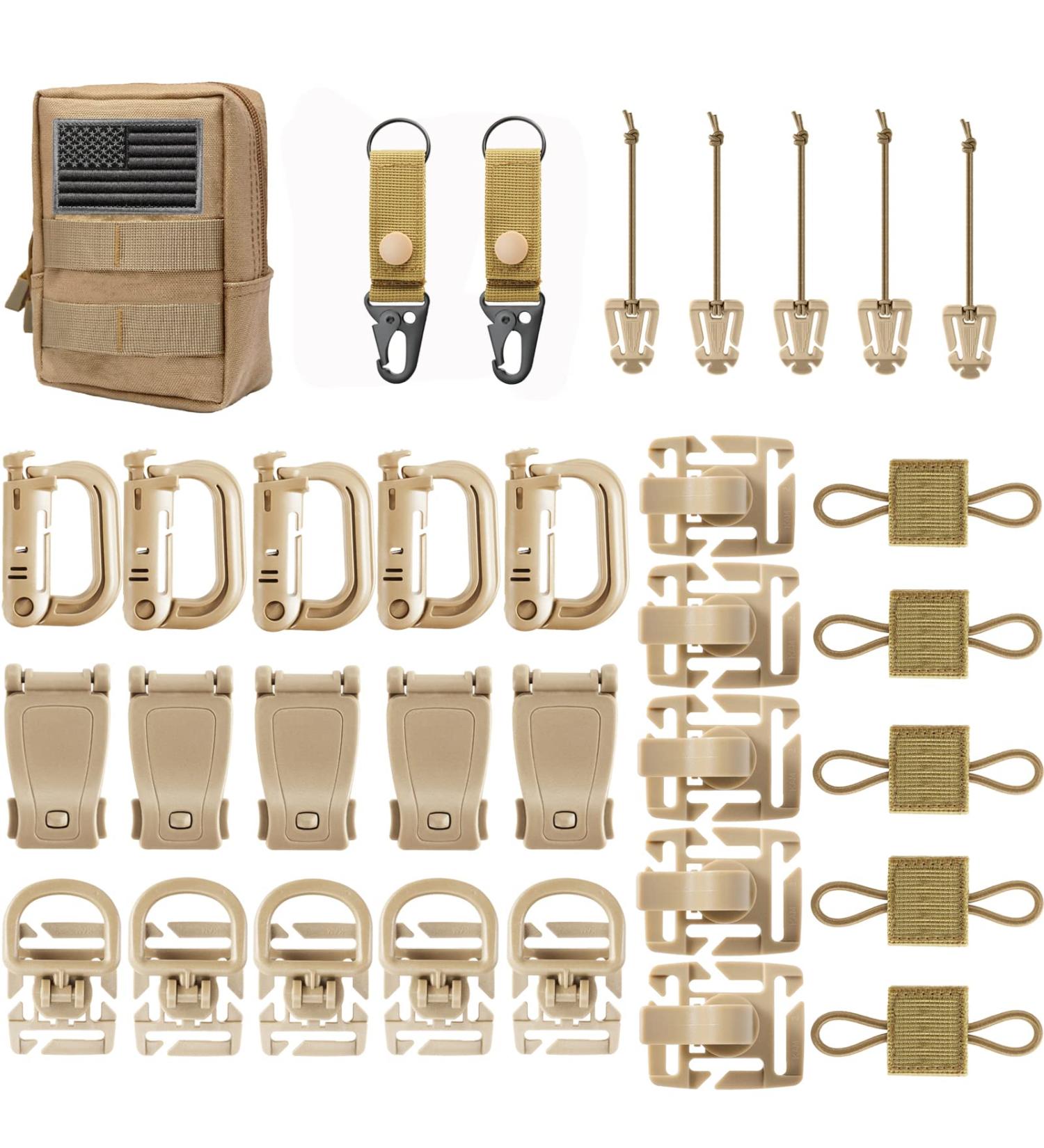 Molle Accessories Kit - 34 Attachments for Tactical Backpack, Vest & Belt - D-Ring Locking Gear Clip - Tan - Buy Online on GoSupps.com
