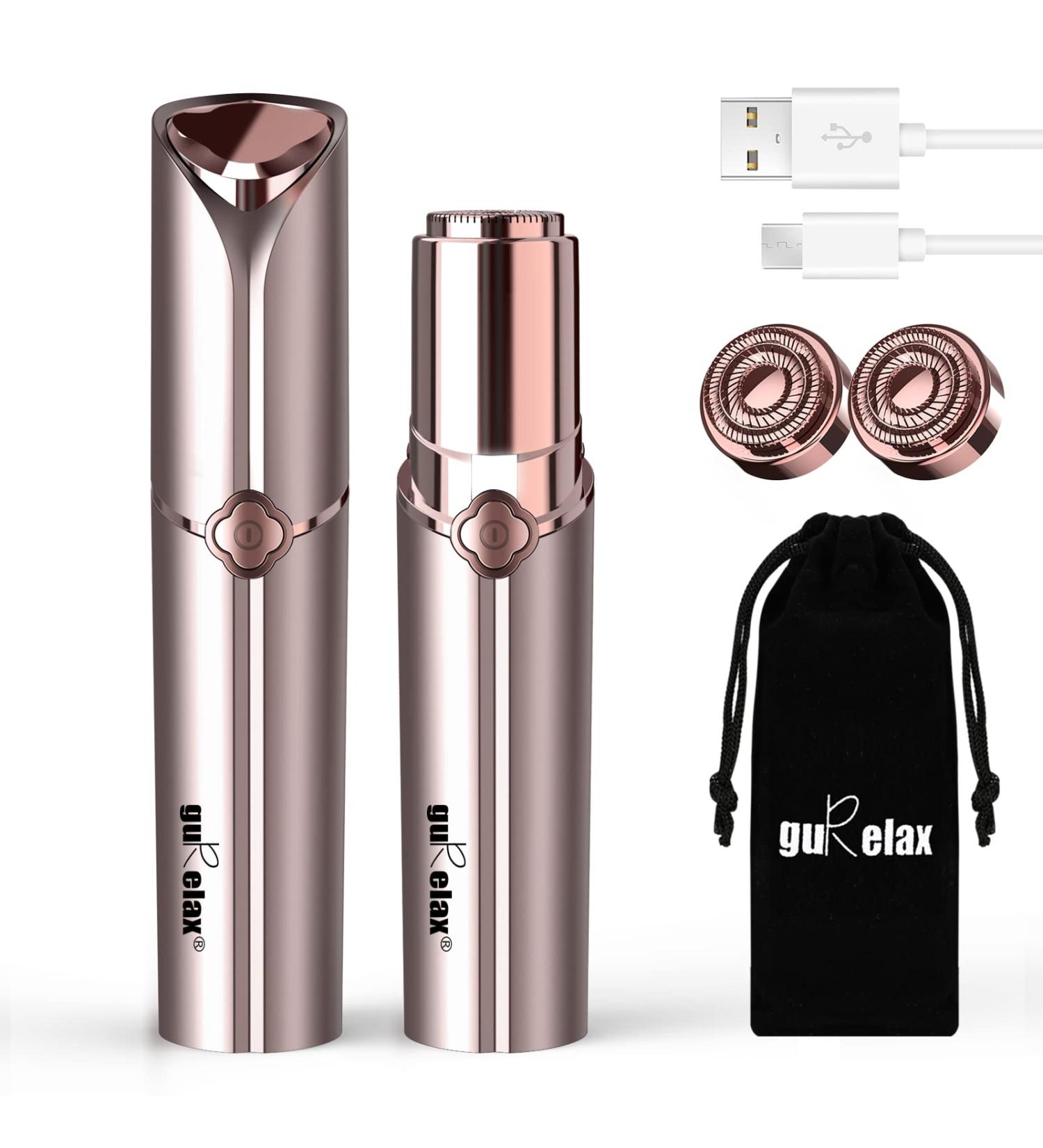 USB Rechargeable Facial Hair Remover for Women | Painless Lady Shaver with LED Light | Waterproof Hair Removal Device by guRelax - Rose Gold (2 Replacement Heads) + Flannel Bag - Buy Online on GoSupps.com