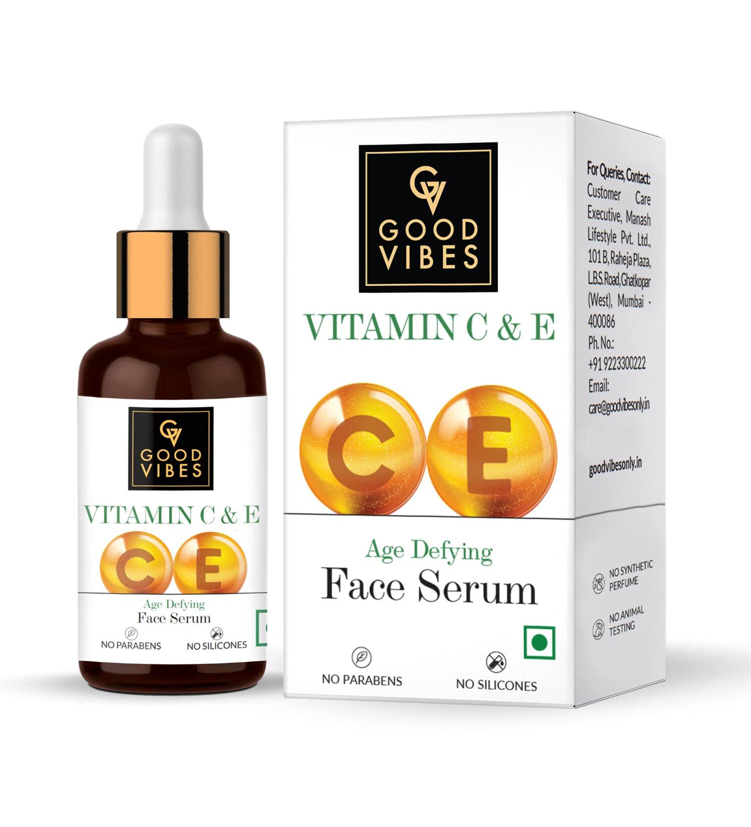 Good Vibes Age Defying Serum with Vitamin C & E | Deep Hydration Anti-Aging Face Serum | Lightweight Non-Greasy Formula | Nourishes & Smooths Skin | 1.01 Fl Oz (30ml) - Buy Online on GoSupps.com