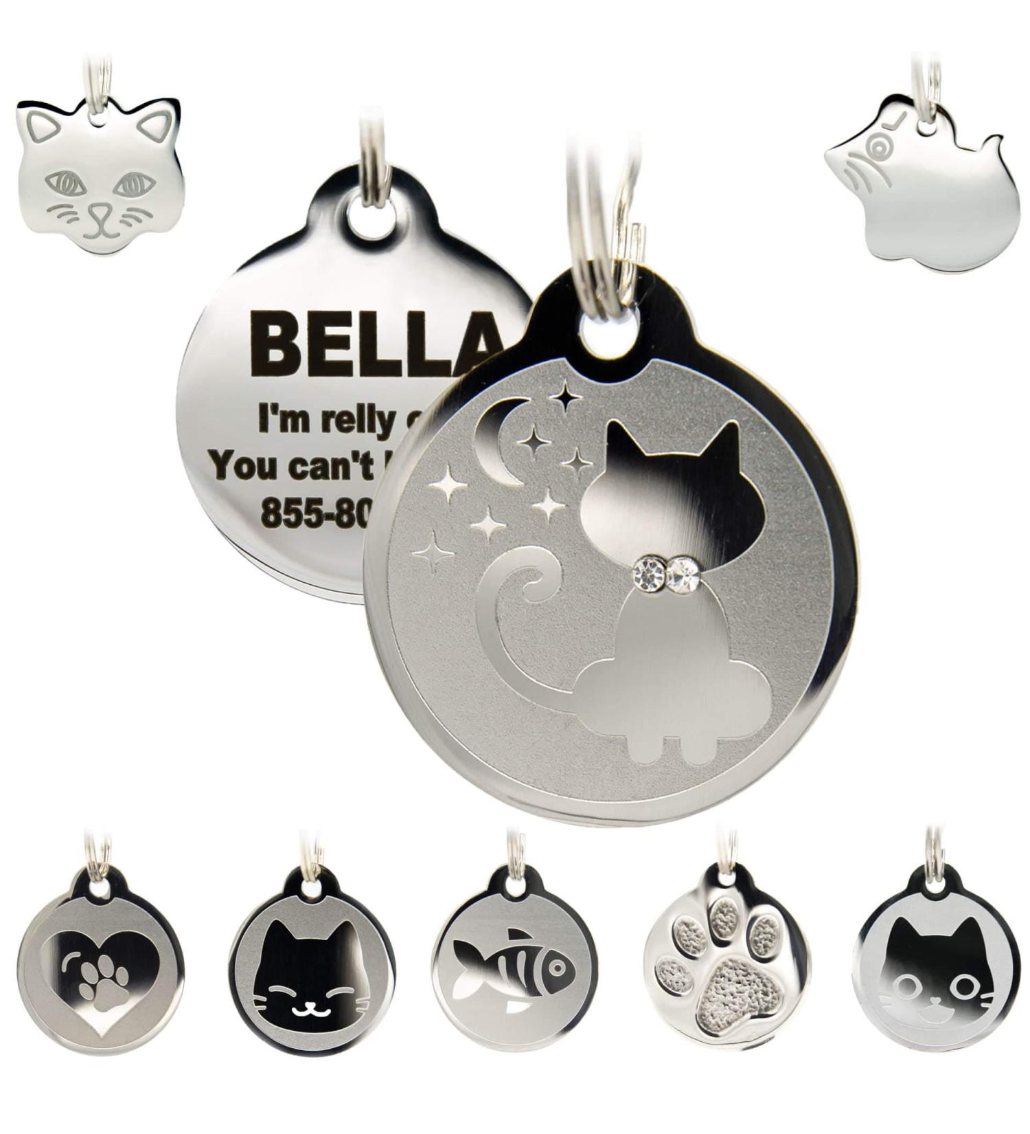 Engraved Stainless Steel Cat ID Tag with 4 Lines of Personalized Text - Round Moon Design - Buy Online on GoSupps.com