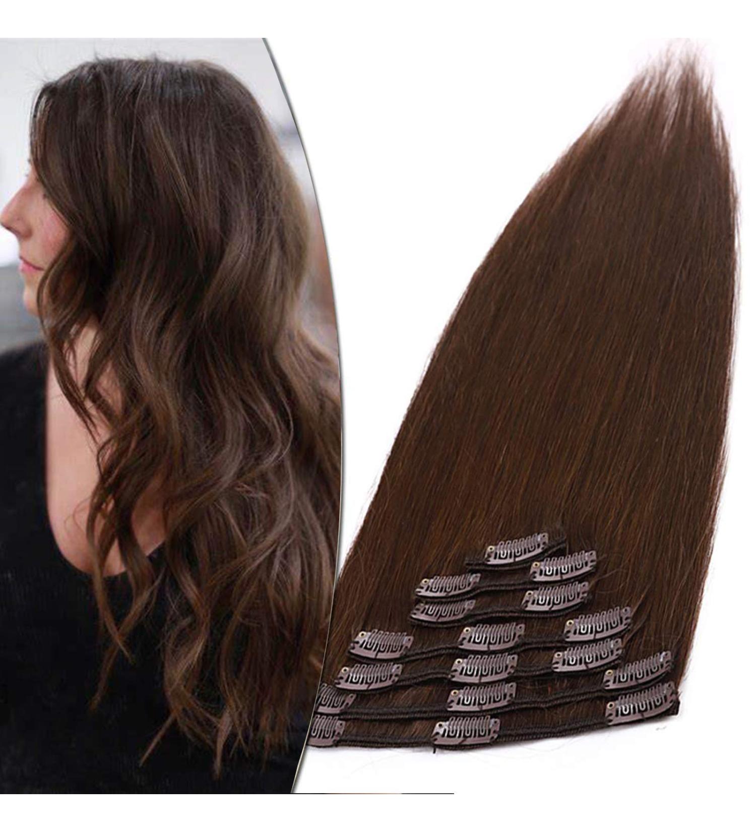 Buy Clip-in Extensions | Real Remy Human Hair Wefts - Medium Brown #4-1 25 cm (75 g) - Heat Resistant Hairpiece - Buy Online on GoSupps.com