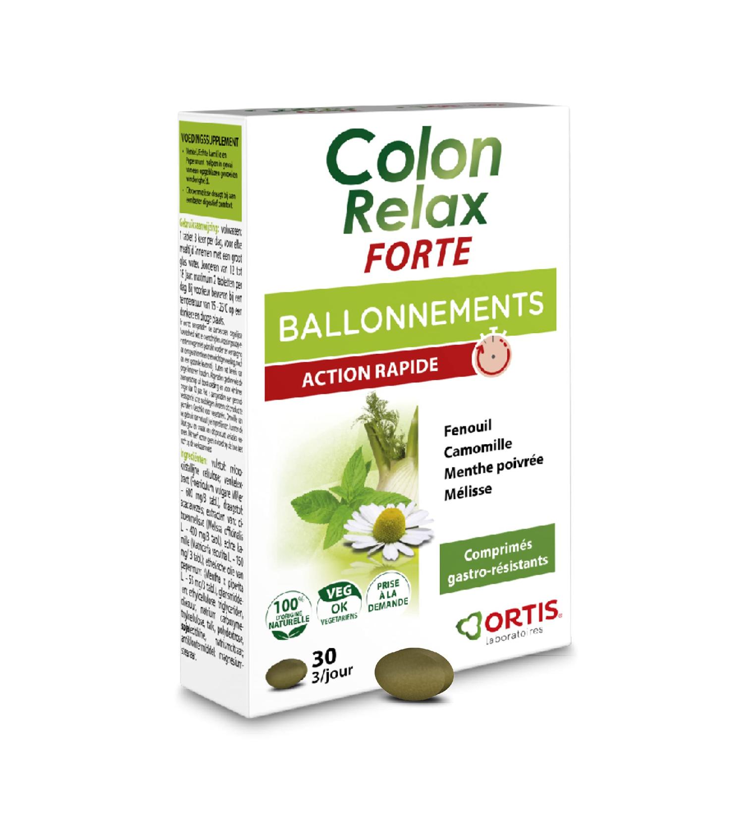 Ortis - Colon Relax Forte 30 Tablets - Food Supplement to Help with Bloating and Flatulence - Digestive Comfort - Fast Action for Flat Stomach - 100% Natural Fennel Based