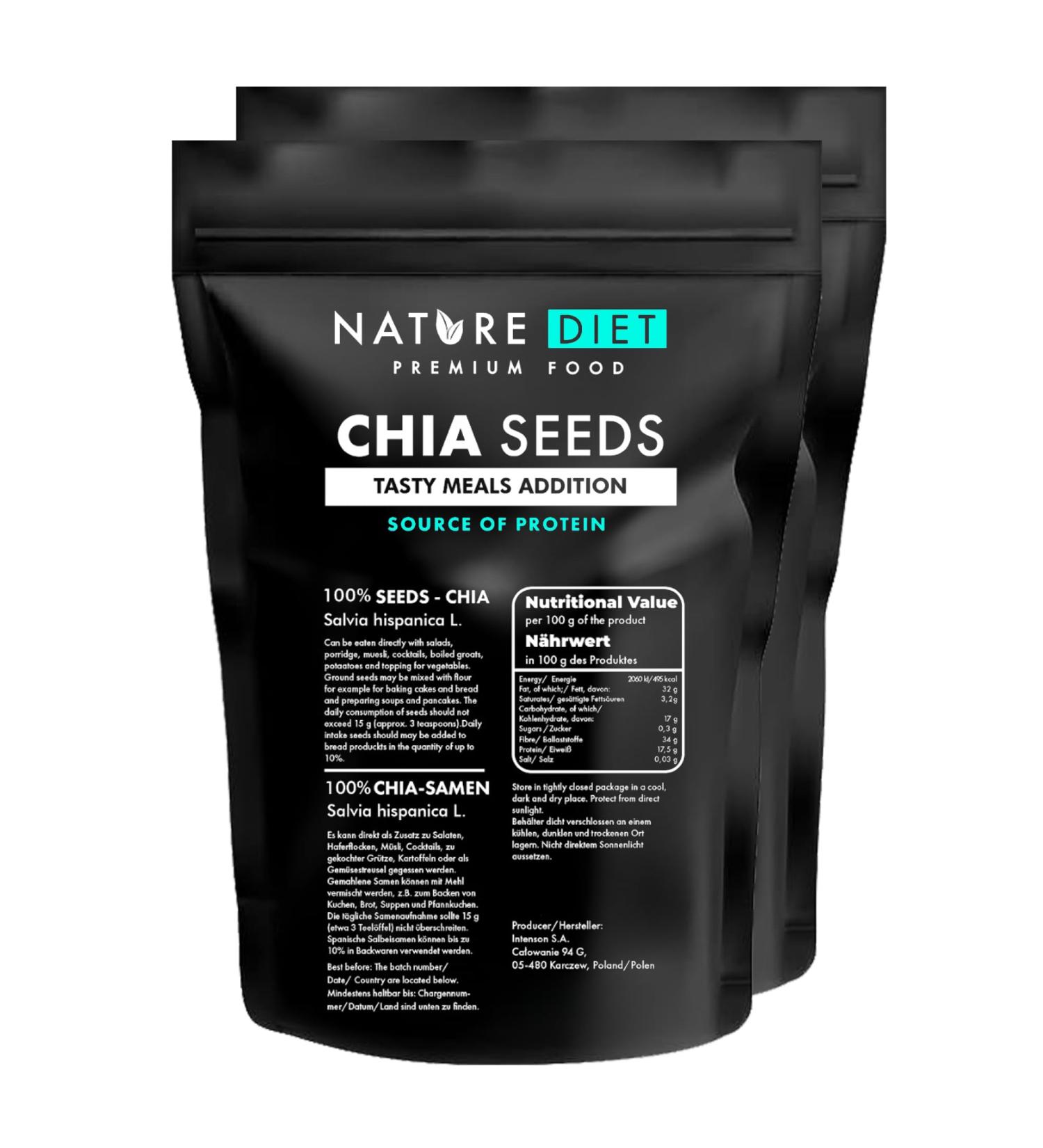 Nature Diet Chia Seeds 2x1000g - Salvia Hispanica, High Omega-3, Fiber Source - Buy Online on GoSupps.com