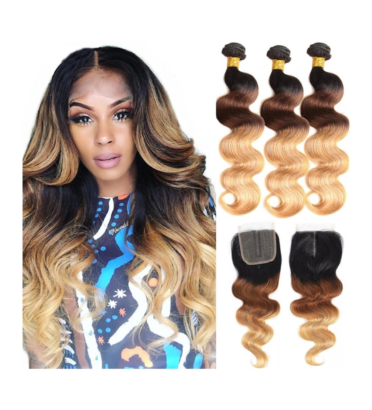 Buy Tomyeus Brazilian Body Wave Hair Bundles - 3 Bundles & 4x4 Lace Closure | Remy Ombre Blonde 1B/4/7 Extensions (16 18 20) - Buy Online on GoSupps.com