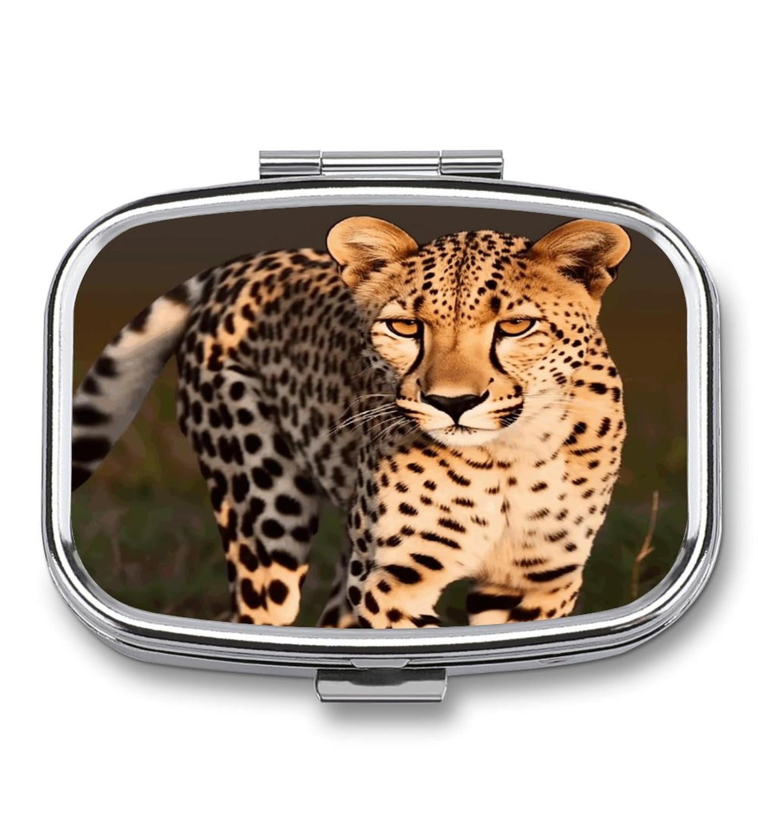 Wild Cheetah Print Pill Box - 2 Compartment Decorative Metal Organizer for Medicine & Supplements - Portable Case for Pocket or Purse - Buy Online on GoSupps.com