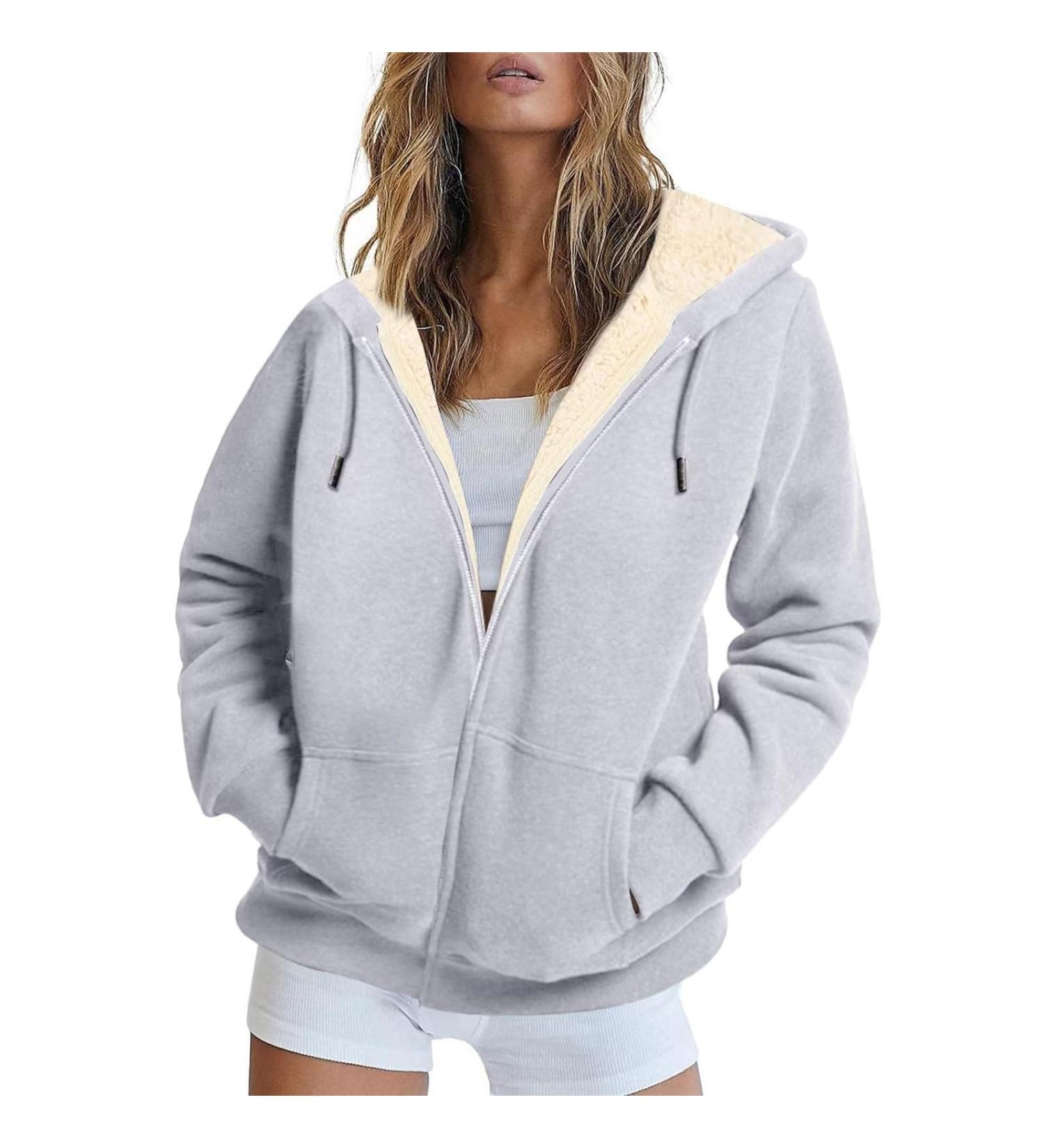 Warm Hanxiulin Fleece Plush Jacket for Women - Cozy Zipper Wool Hoodie Fluffy Autumn Winter Coat in Gray 3XL - Buy Online on GoSupps.com