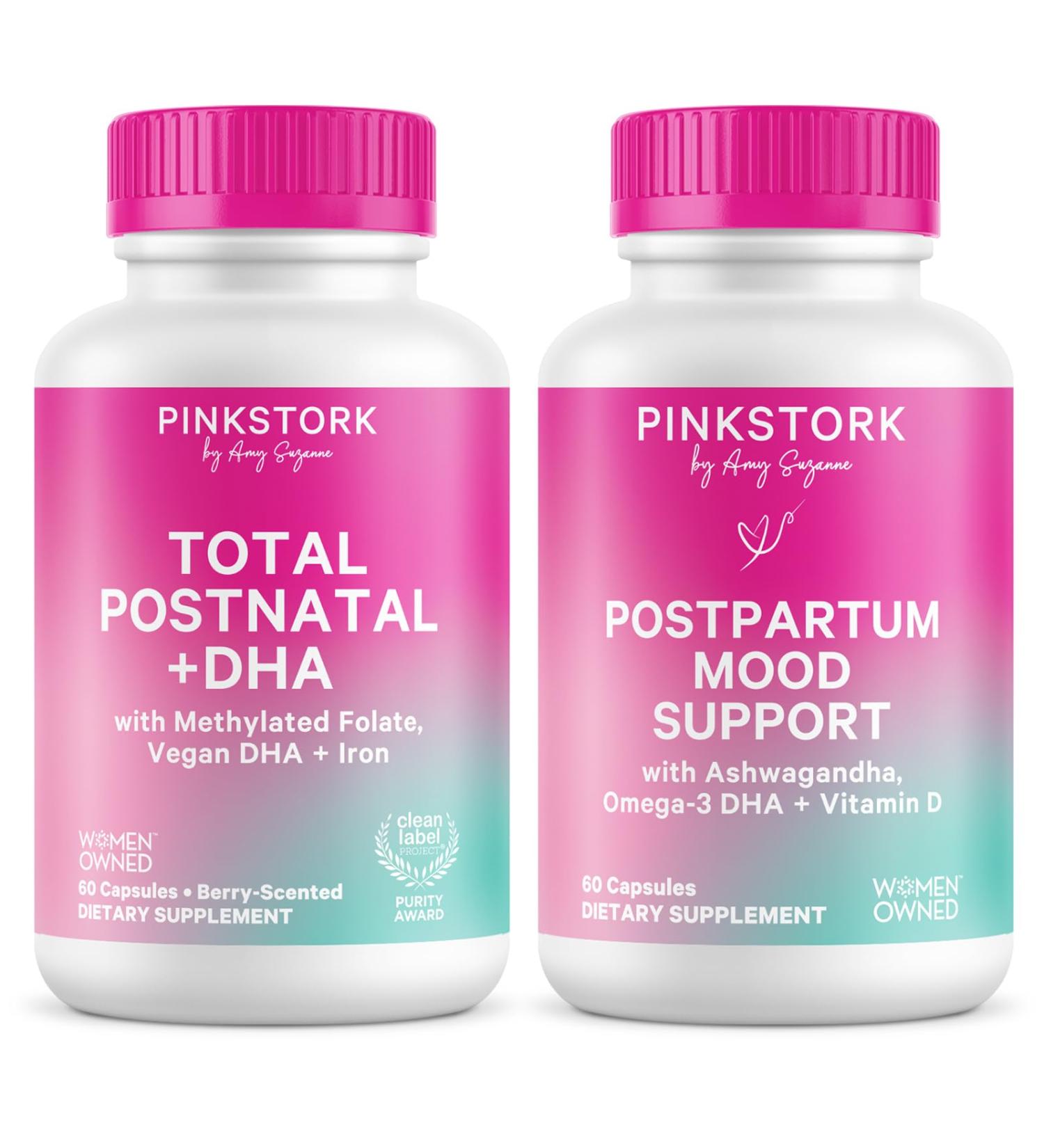 Pink Stork Total Postnatal Multivitamin + Postpartum Mood Support - Folate B12 Ashwagandha Chamomile Support Nutrition Postpartum Mood and Stress Bundle - Buy Online on GoSupps.com