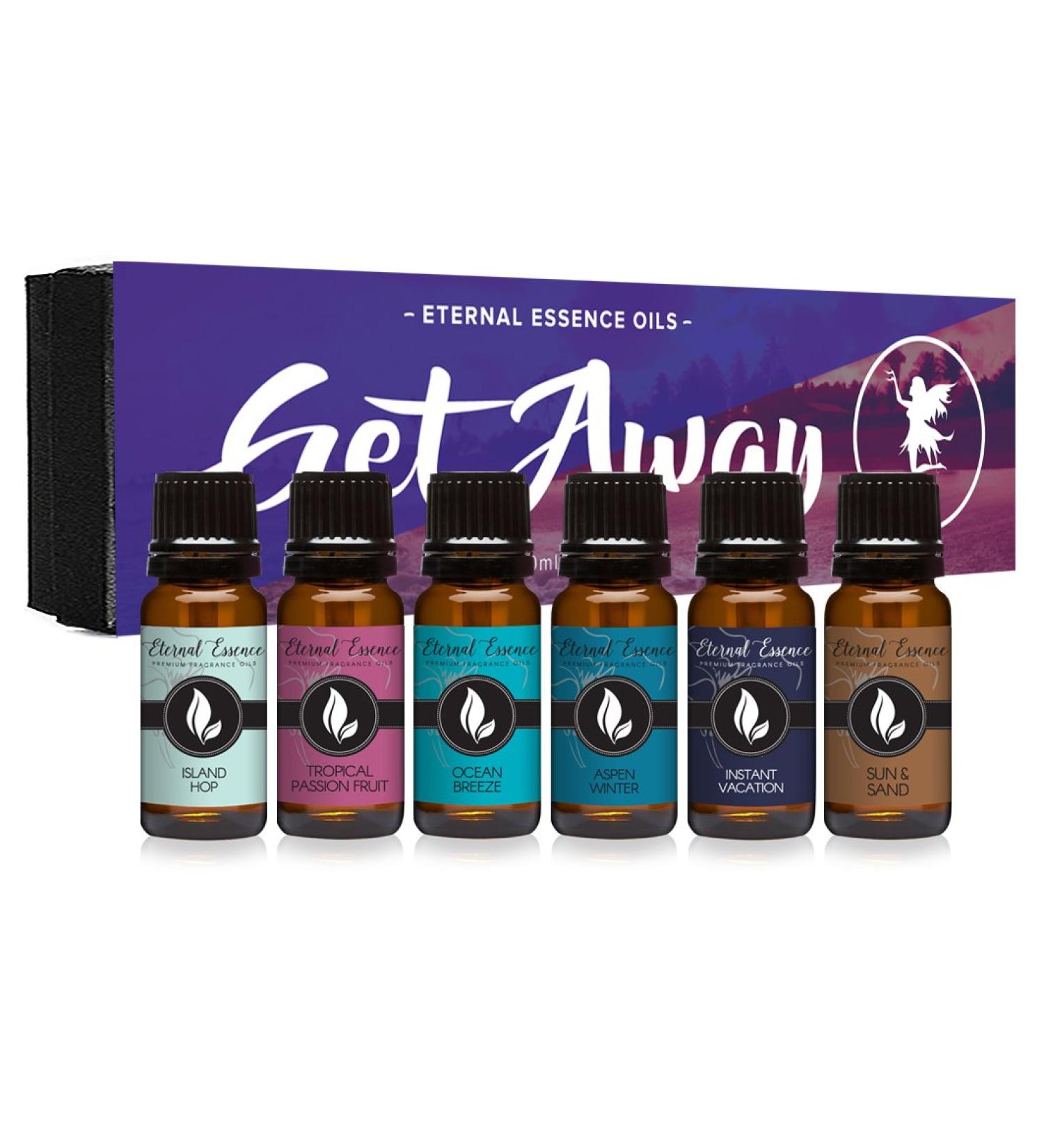 Get Away Gift Set of 6 Premium Grade Fragrance Oils - Island Hop Ocean Breeze Tropical Passion Fruit Aspen Winter Instant Vacation Sun & Sand - 10Ml - Scented Oils
