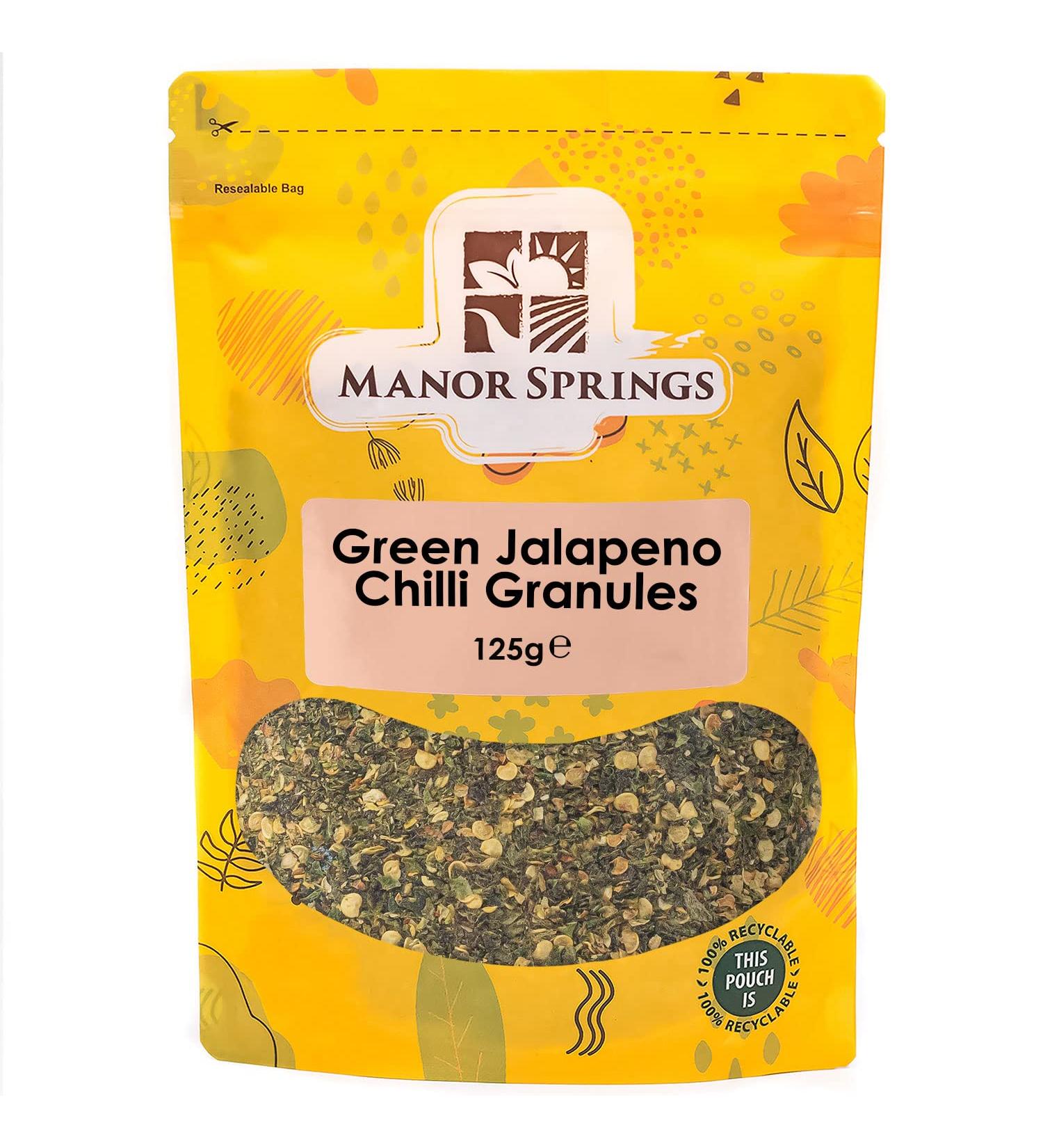 Manor Springs Green Jalapeno Chilli Granules 125g: Spicy and Flavorful Addition to Your Dishes - Buy Online on GoSupps.com