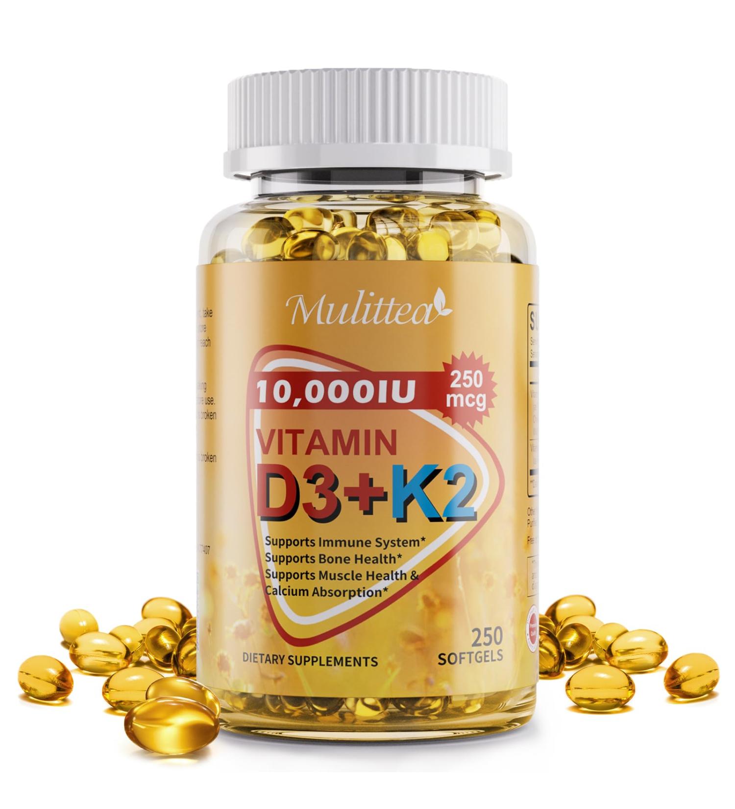 Plant-Based D3 K2 Vitamin 10000 IU w/ Virgin Coconut MCT Oil - 200 mcg MK7 Vitamin K2 Non-GMO for Ultimate Absorption - Bone Immune & Heart Health - Easy to Swallow D & K Supplement - 250 Softgels 250 Count (Pack of 1) - Buy Online on GoSupps.com