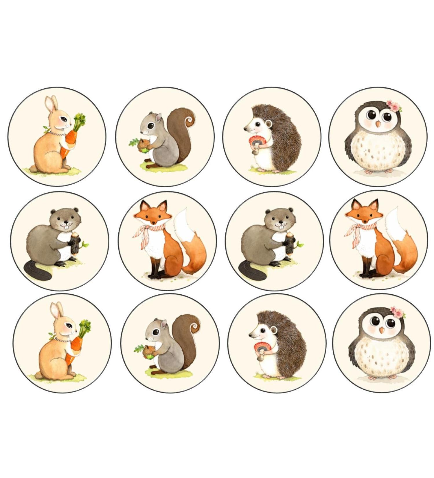 24 Woodland Animals 4.4cm Edible Wafer Card Disc Cupcake Toppers (NOT PRE Cut)