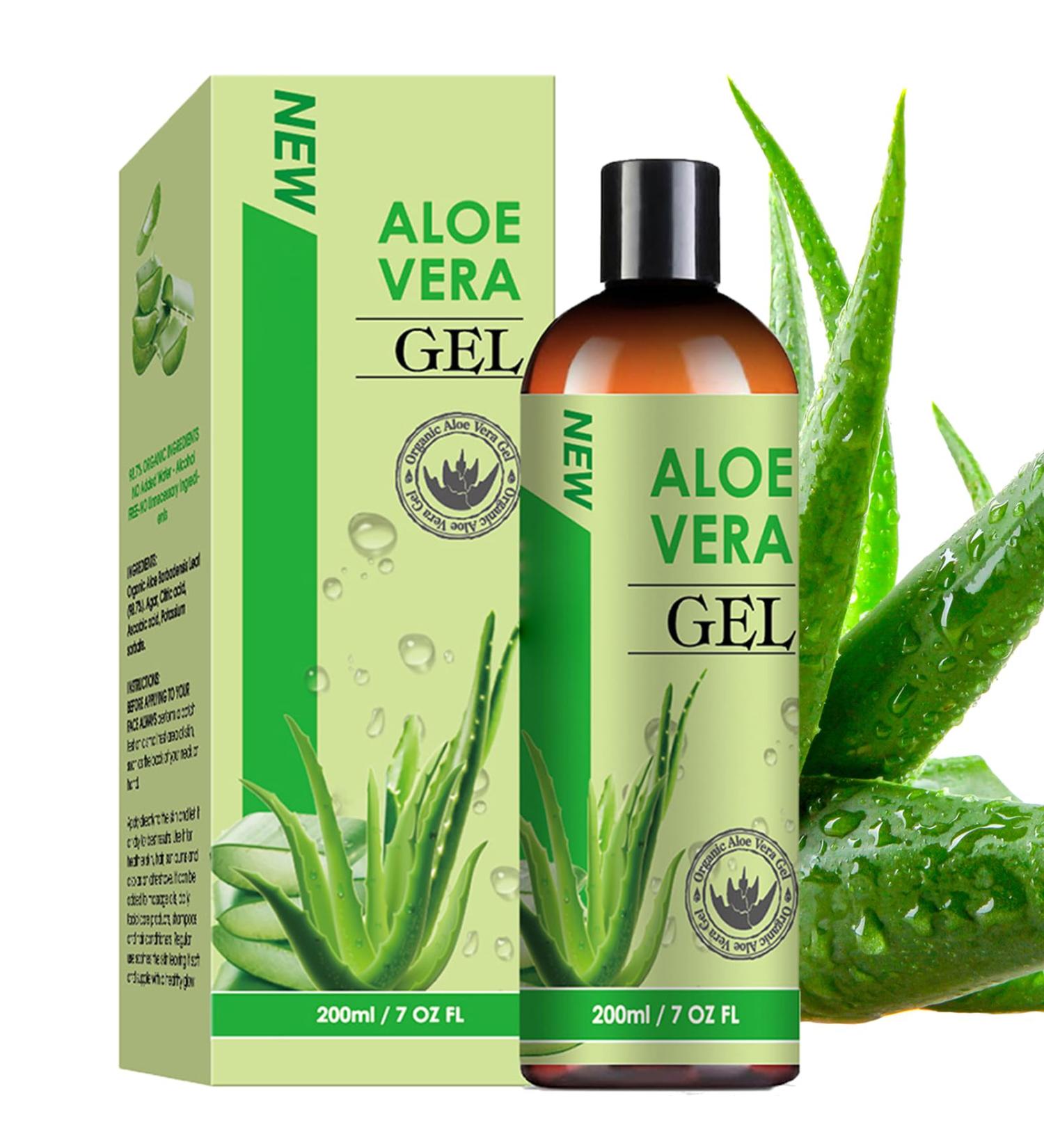 Organic Aloe Vera Gel with 100% Pure Aloe from Freshly Cut Aloe - Aloe Vera After Sun for Face Body Hair Sunburn After Sun Scars - absorbs rapidly with No sticky residue - 200 ml / 7 fl oz - Buy Online on GoSupps.com