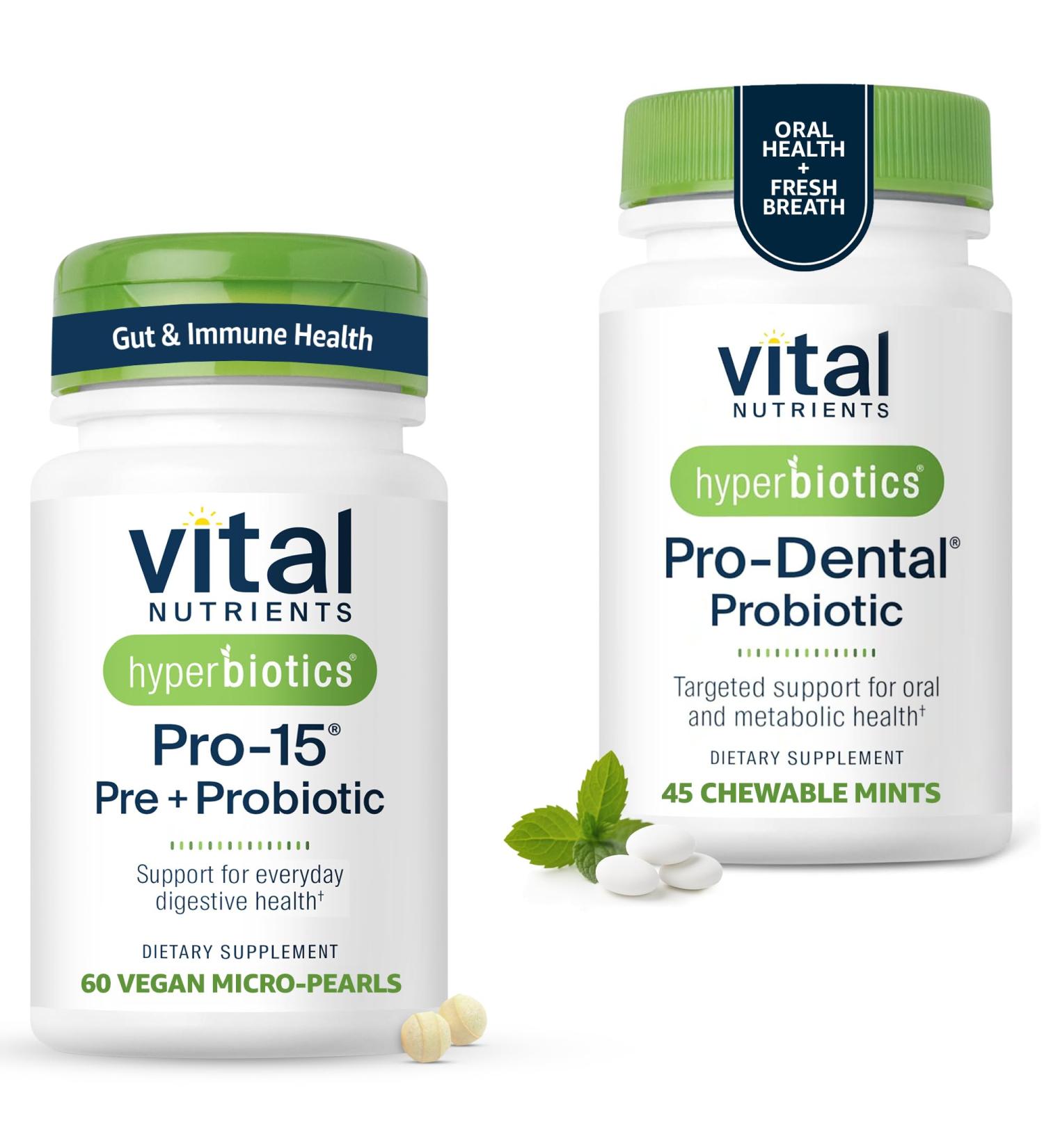 Hyperbiotics Vital Nutrients Gut & Oral Health Bundle Pro-15 Digestive Prebiotics + Probiotics (60 Time Release Pearls) & Pro-Dental Oral Probiotics with BLIS K12 & M18 (45 Mint Tablets) - Buy Online on GoSupps.com