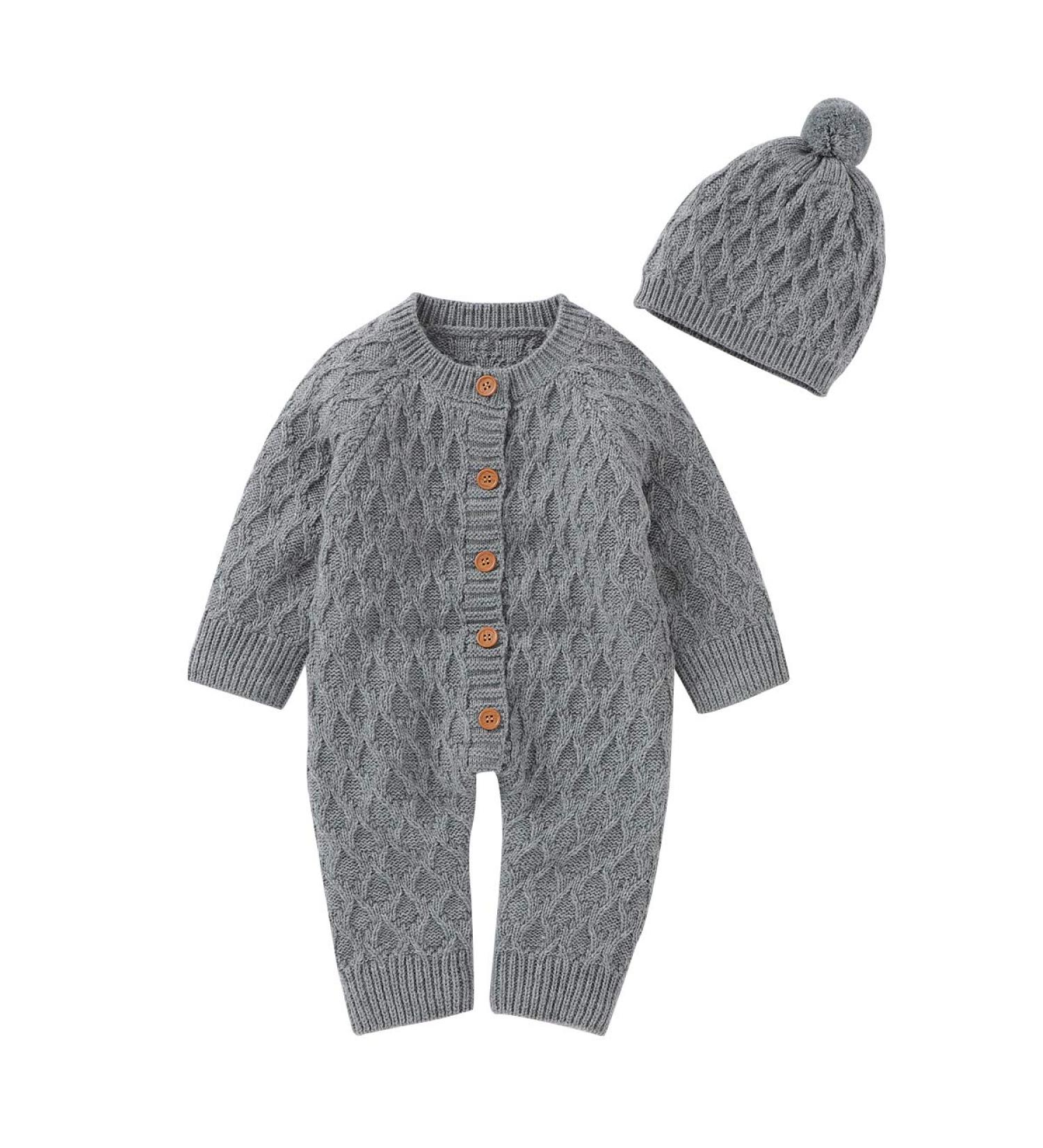 DovFanny Baby Romper Suit | Solid Color Knit Jumpsuit with Hat | Newborn 3-6 Months | Grey - Buy Online on GoSupps.com