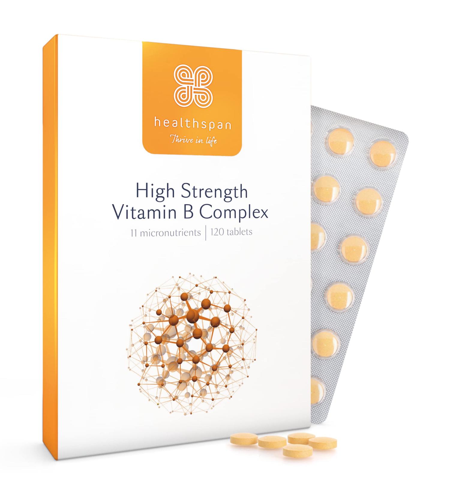Healthspan High Strength Vitamin B Complex (120 Tablets) - Supports Brain, Heart & Immune Health | Vegan Formula with Choline | Reduce Fatigue - Buy Online on GoSupps.com