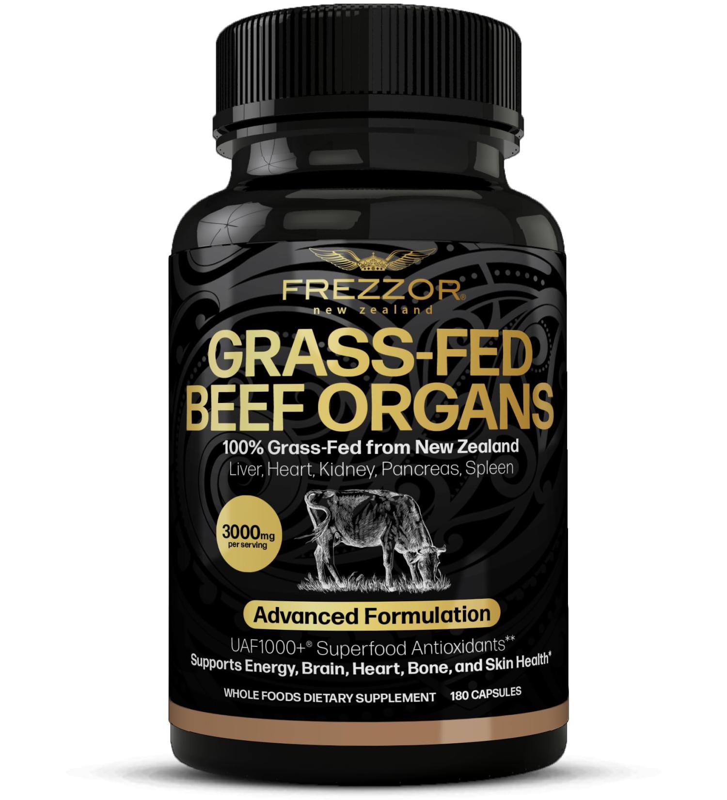 FREZZOR New Zealand 100% Live-Grass-Fed Beef Organs Complex Supports Whole Body Wellness and Energy with Proprietary Blend of Liver Heart Kidney Pancreas & Spleen Non-GMO 3000mg 180 Capsules