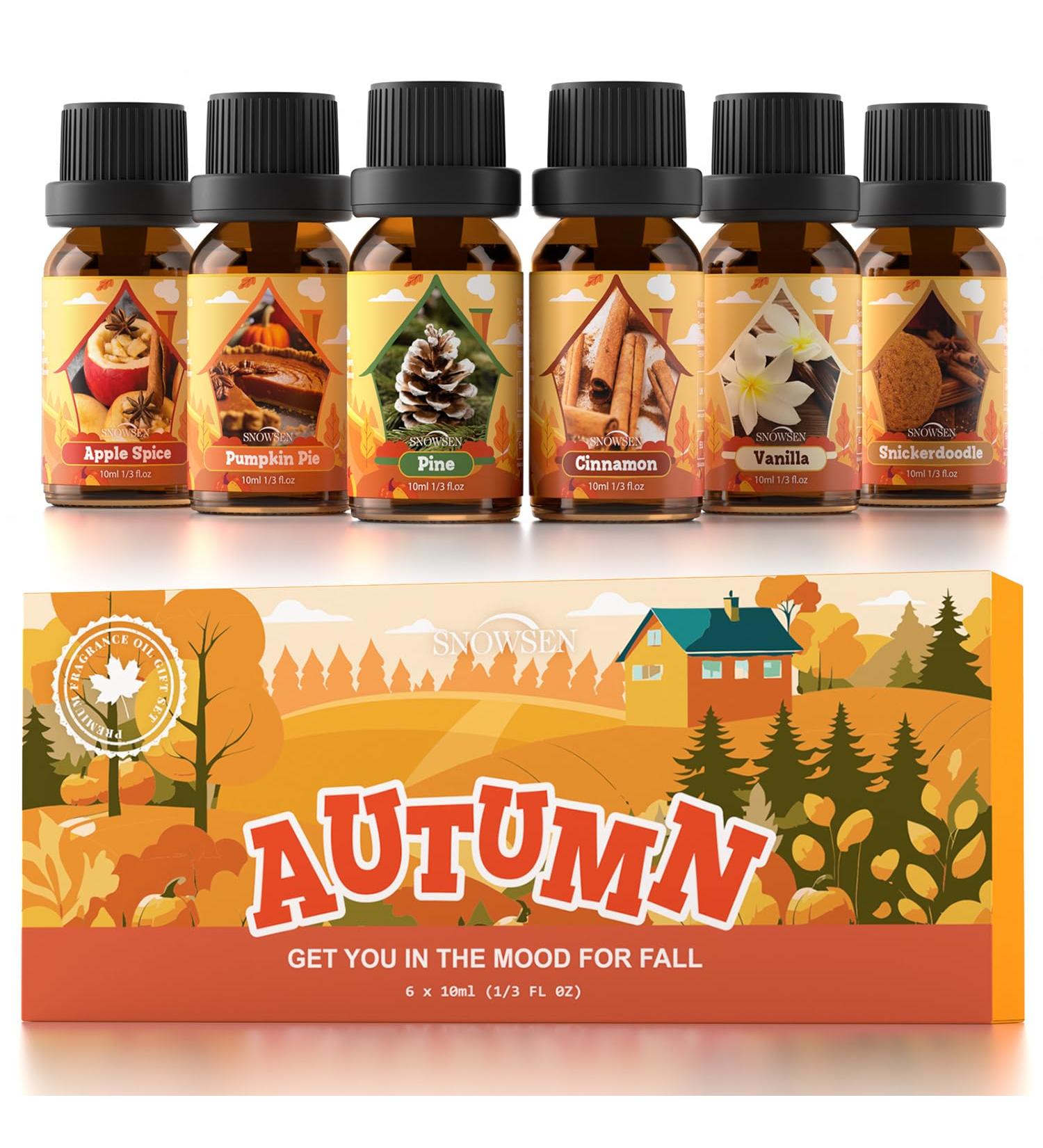 SNOWSEN Autumn Set of 6 Premium Fragrance Oils - Apple Spice Pumpkin Pie Pine Cinnamon Vanilla Snickerdoodle - Fragrance Oils for Diffuser Candle & Soap Making 6x10ML - Buy Online on GoSupps.com