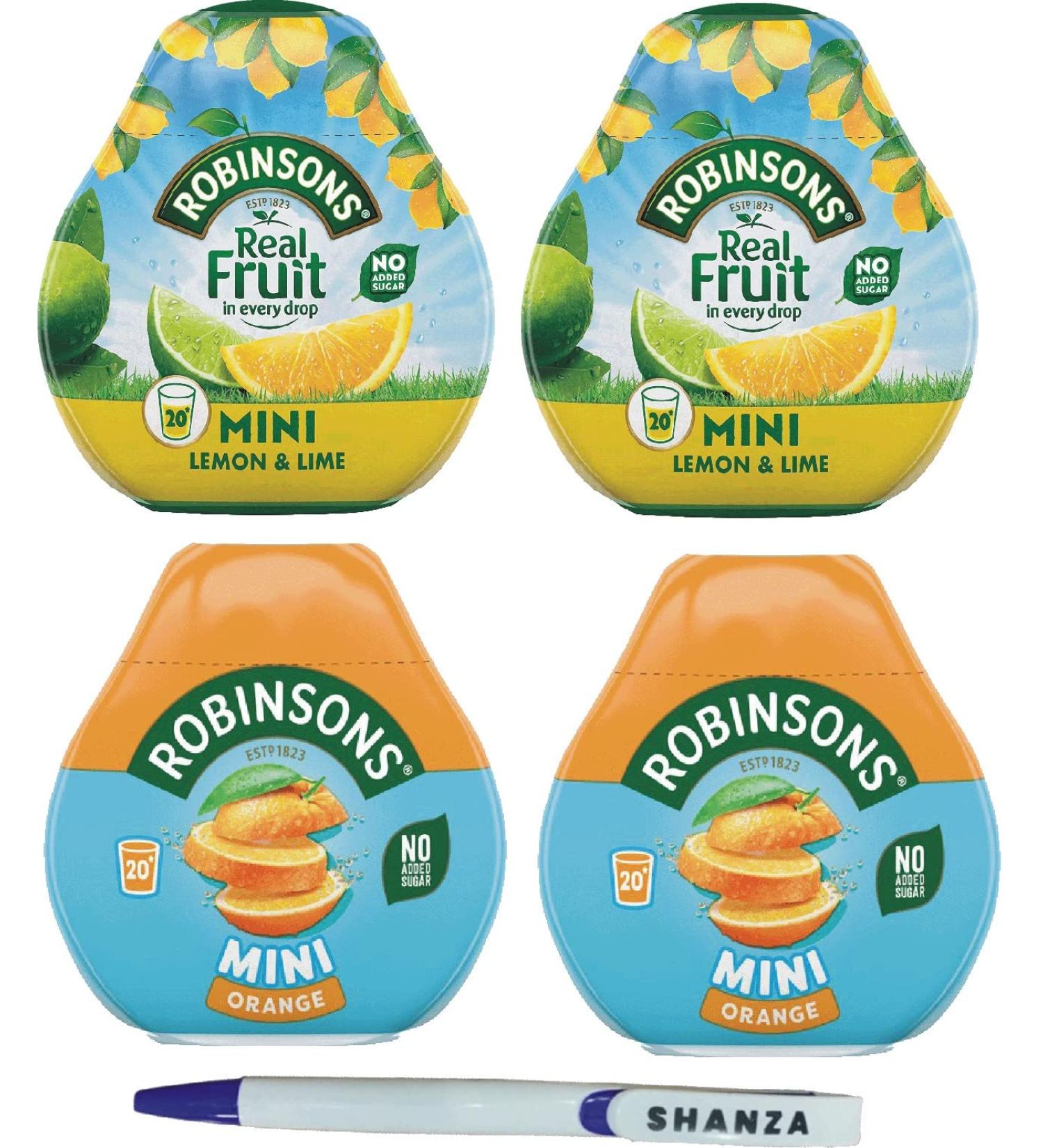 Robinsons Squash'd Mini Squash d 2 Flavour Pack 2 x Lemon & Lime and 2x Orange No Added Sugar Real Fruit in Every Drop With Shanza Pen - Buy Online on GoSupps.com
