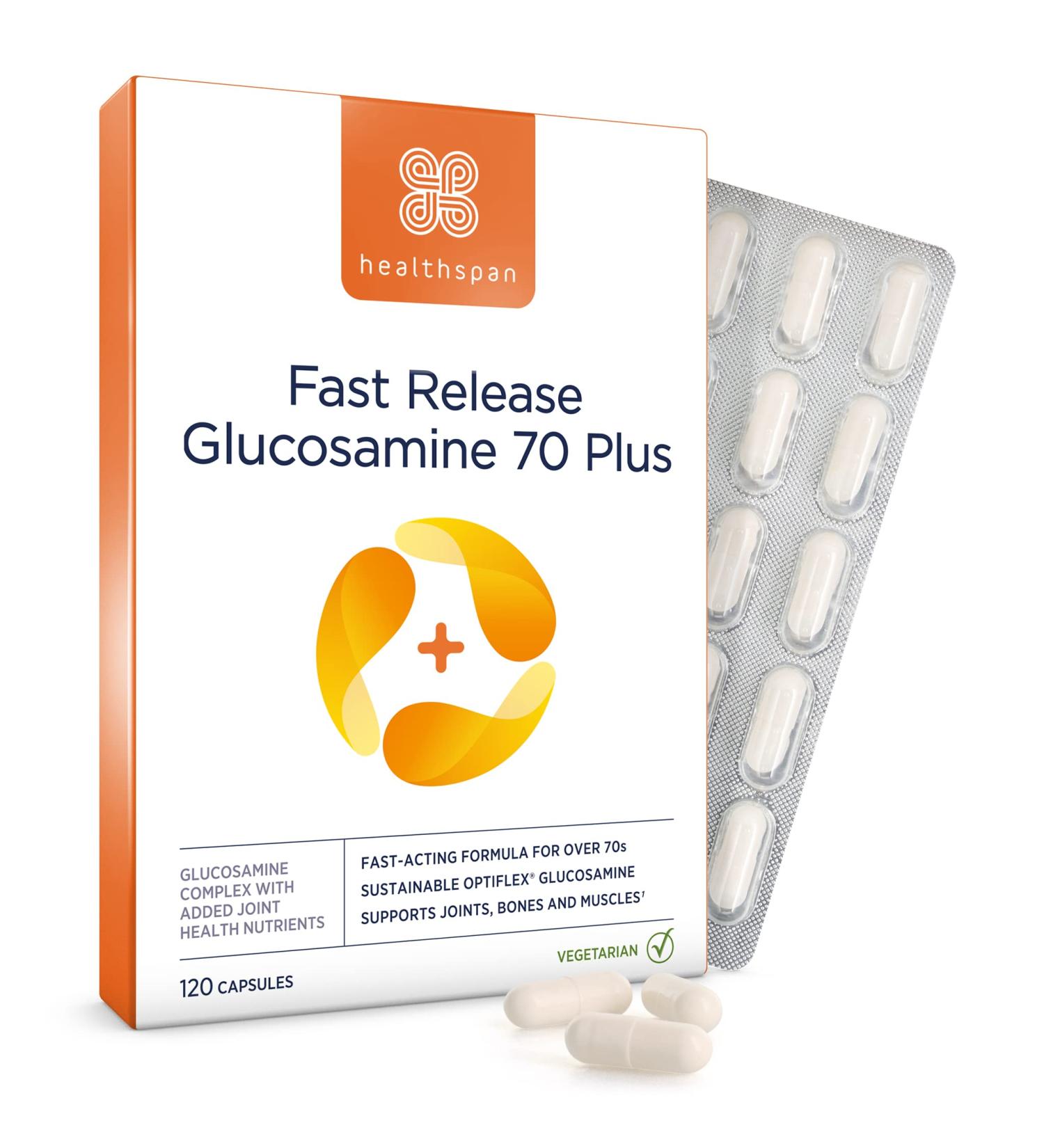 Healthspan Fast Release Glucosamine 70 Plus | 120 Capsules | with Vitamin C & Vitamin D3 | Easy to Digest | Calcium | Ginger | Vegetarian - Buy Online on GoSupps.com