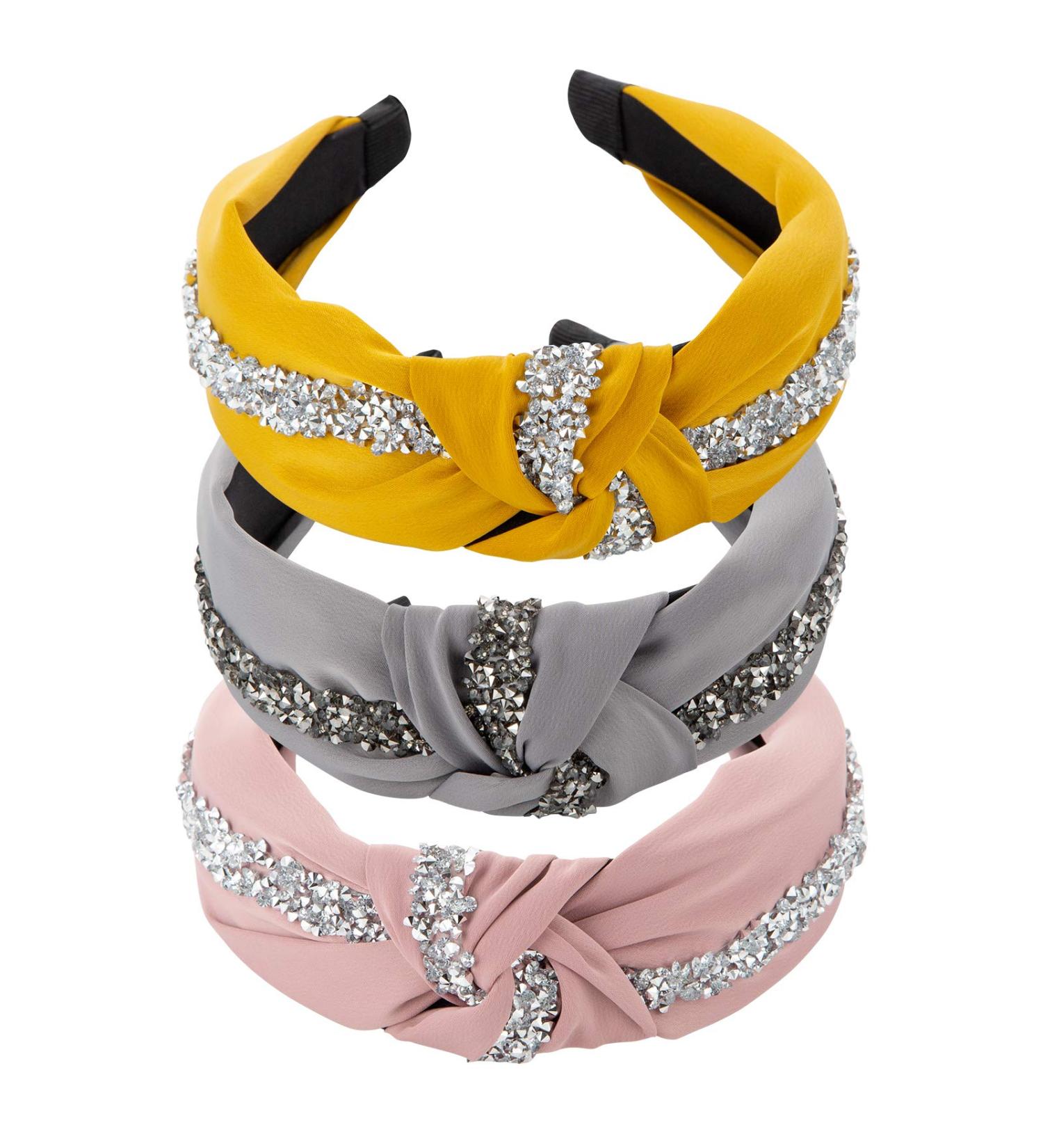 Kalyn 3Pcs Fashion Rhinestone Diamond Headbands - Satin Knot Hair Bands for Women & Girls (Gray, Pink, Yellow) - Buy Online on GoSupps.com