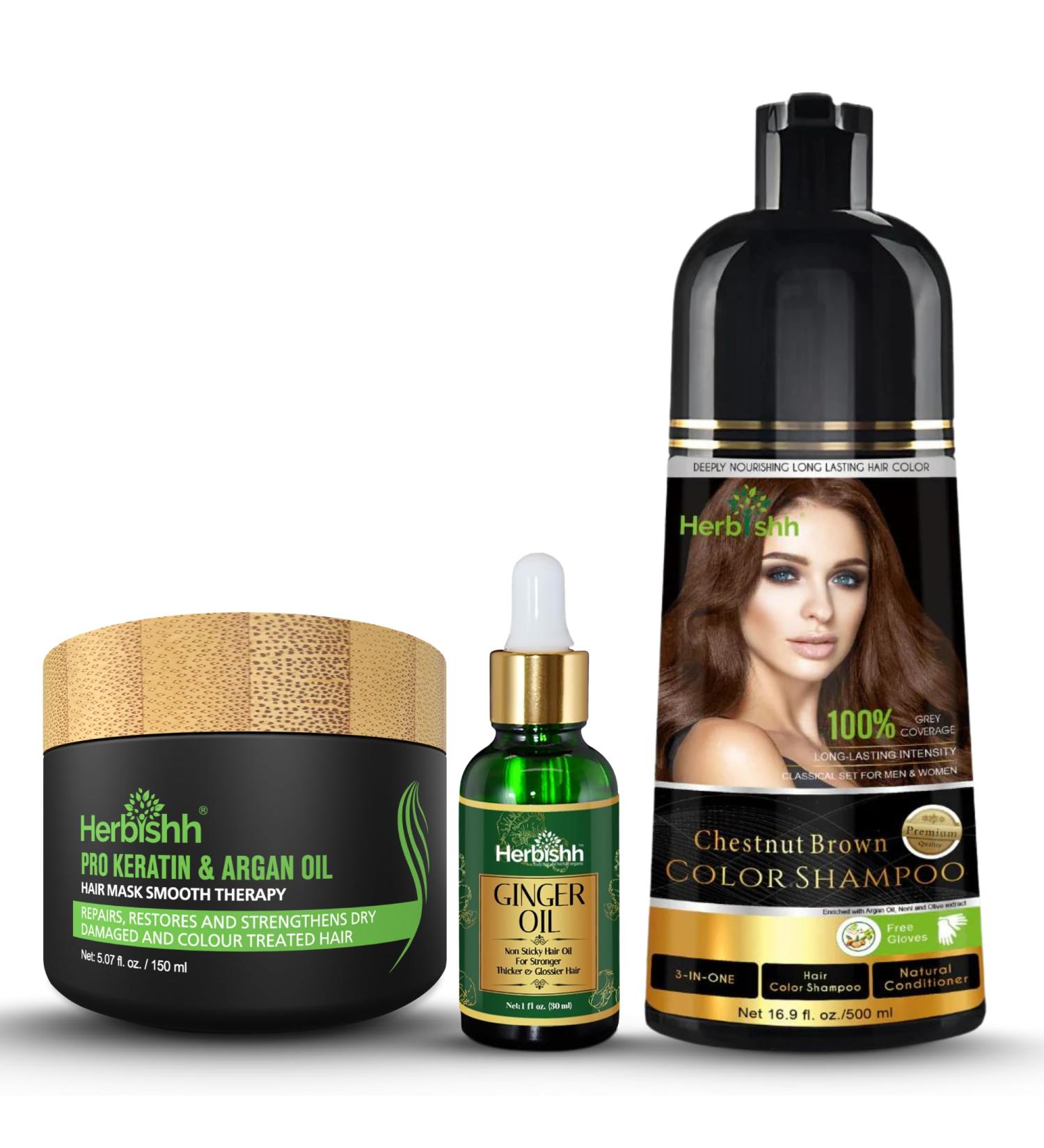Herbishh Chestnut Brown Hair Dye Shampoo 3 in 1 | Gray Hair Coverage | Argan Oil & Pro Keratin Mask | Ginger Essential Oil for Hair Growth - Buy Online on GoSupps.com