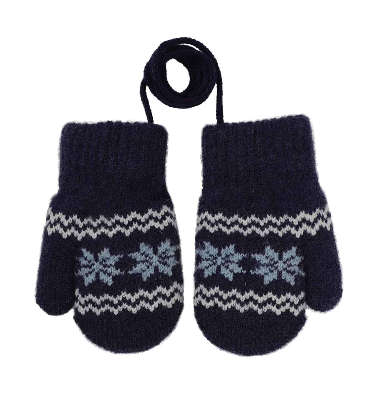 Baby Winter Mittens with Anti-Lost String | Dual Layers Plush Padded Knitted Gloves for Infant Toddlers | Navy Blue, 0-3 Years - Buy Online on GoSupps.com