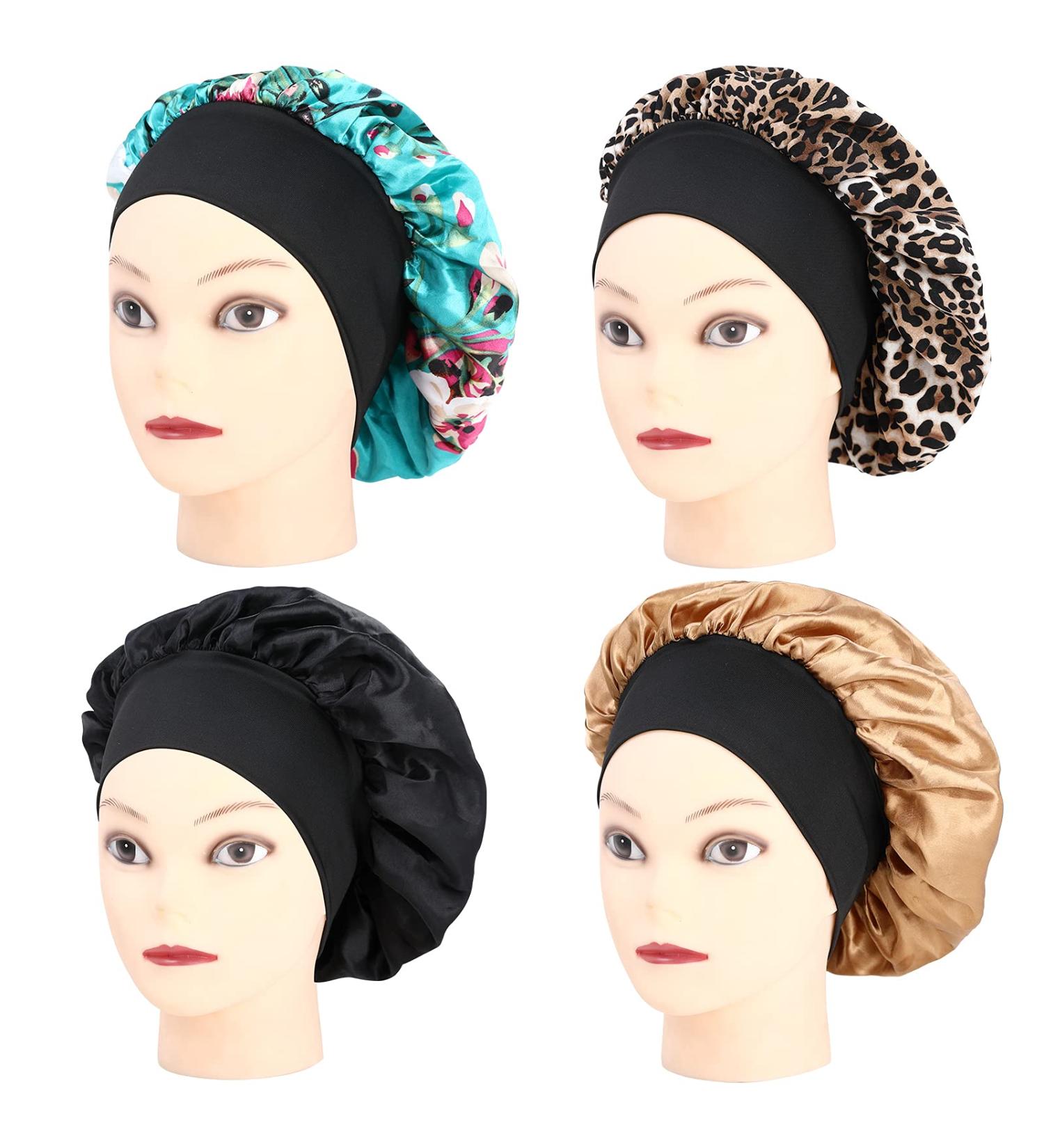 Xieklpwy 4 Pcs Satin Hair Bonnets for Women | Wide Band Sleep Cap | Adjustable Night Sleeping Head Cover - Buy Online on GoSupps.com