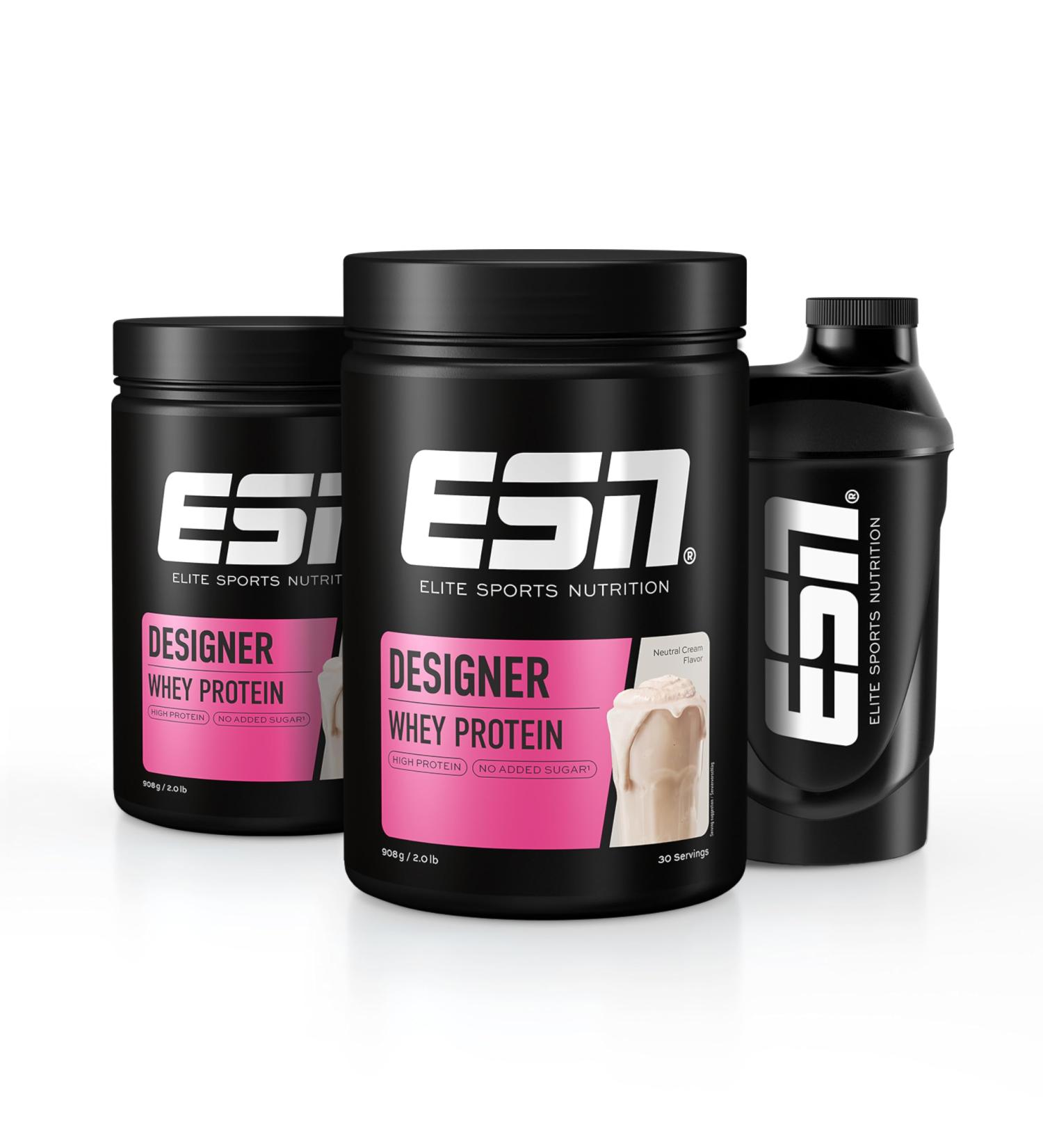 ESN Designer Whey Proteinpulver - 2 x 908 g Neutral Cream | 23 g Protein/Serving | Free Shaker | Quality Tested Made in Germany for Muscle Building - Buy Online on GoSupps.com
