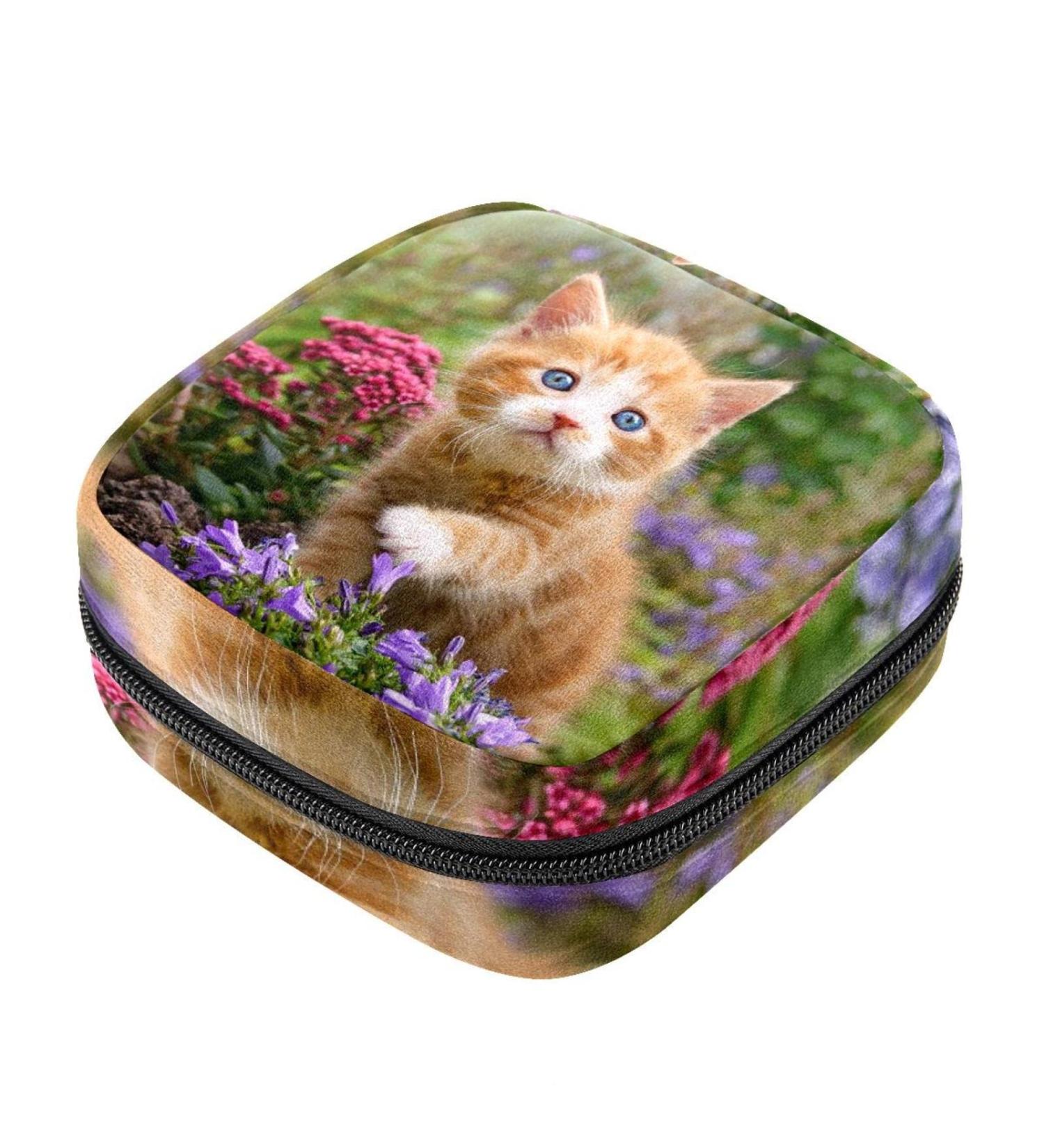 Menstruation Pad Bag with Zipper | Cute Cat & Flowers Design | Womens Napkin & Tampon Bag for Girls - Buy Online on GoSupps.com