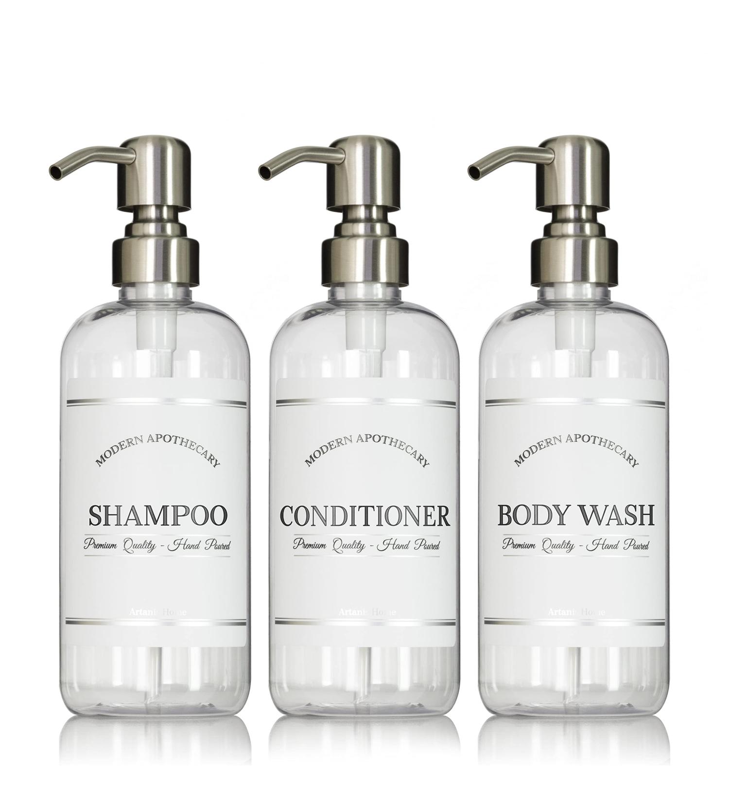 Refillable Shampoo and Conditioner Bottles with Stainless Steel Pumps - 16 oz 3 Pack - Buy Online on GoSupps.com
