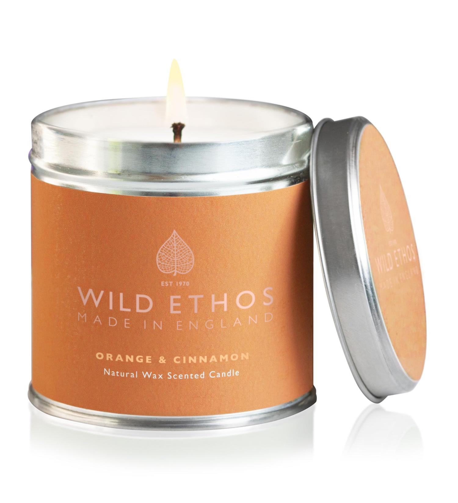 Wild Ethos Naturals Premium Scented Natural Wax Tin Candle - Orange & Cinnamon Scent - Hand-Poured in UK - Burn Time 40+ Hours - Natural Ingredients for Less Smoke & Slow Burn - Buy Online on GoSupps.com