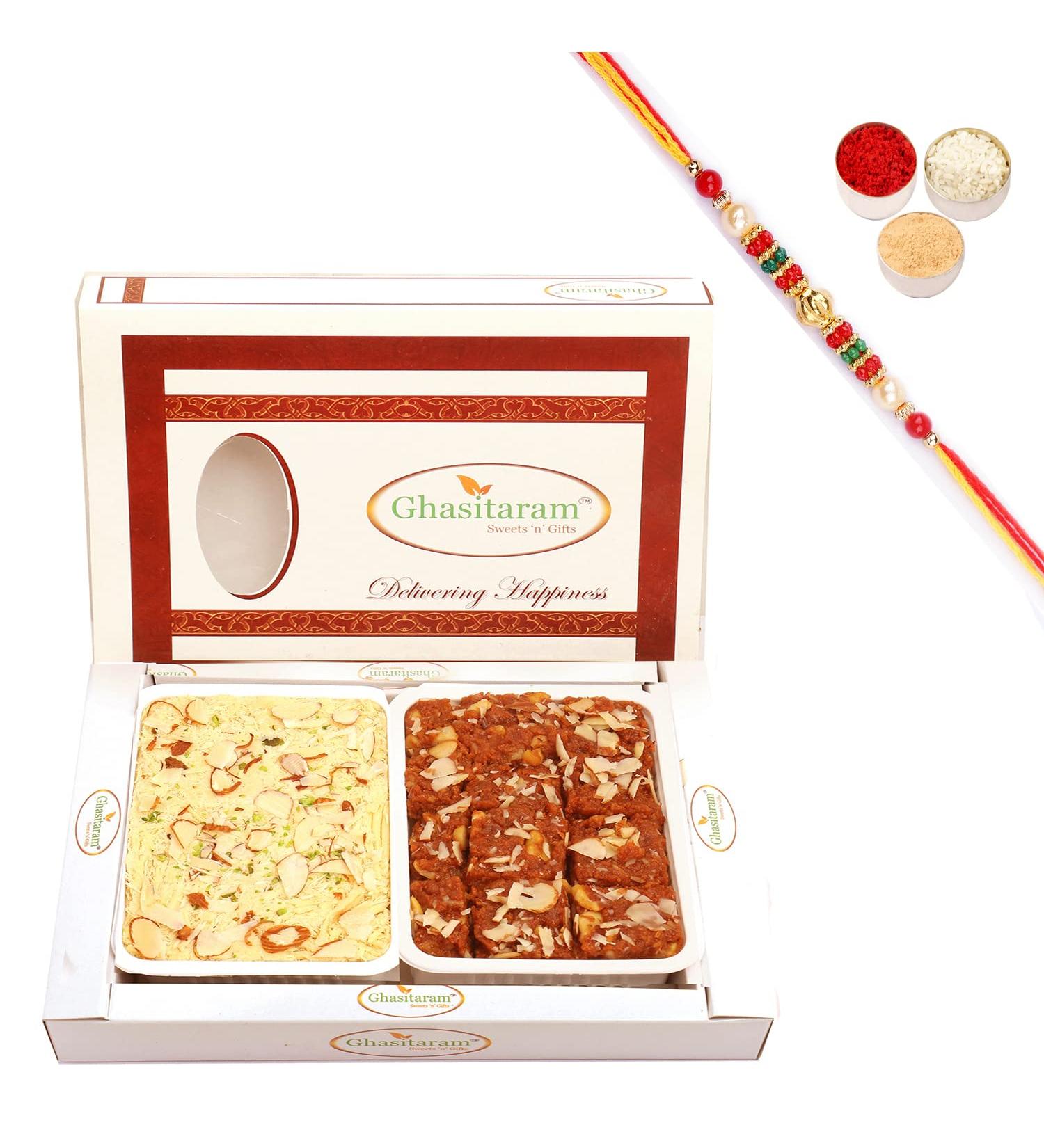 Ghasitaram Gifts Rakhi Gifts for Brothers Rakhi Sweets - Dodha Barfi and Soan Papdi Hamper with Pearl Beads Rakhi - Buy Online on GoSupps.com