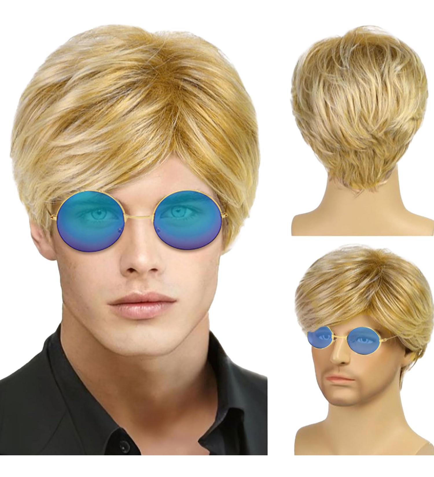 Men's Blonde Short Curled Wig - 70s 80s Disco Costume Wig with Sunglasses | Tshaoun Boy Band Style | Perfect for Halloween & Carnivals - Buy Online on GoSupps.com