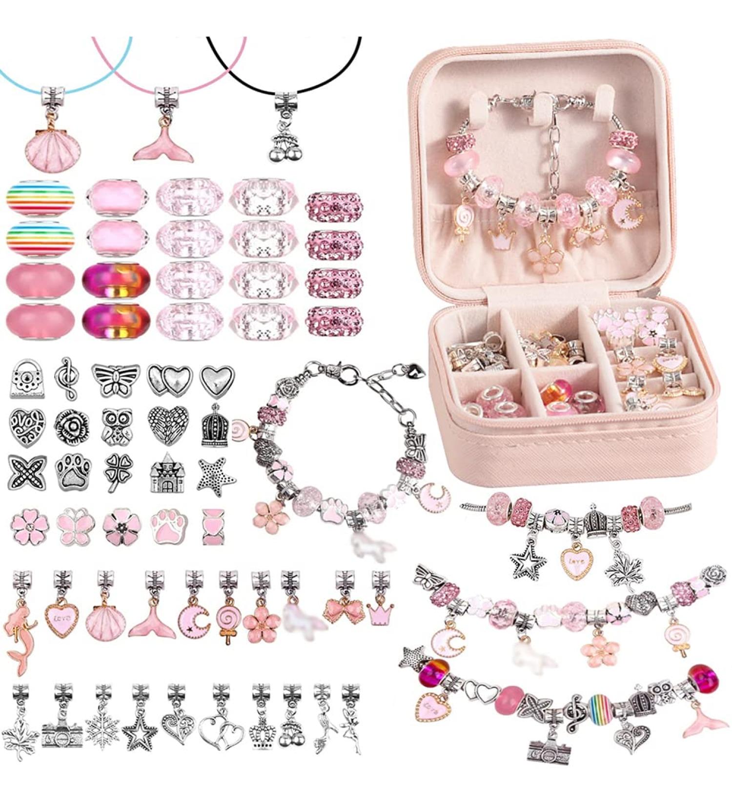 Charm Bracelet Making Kit with Charms & Supplies for Girls - DIY Craft Gift Set with Portable Organizer Box (4-Pink) - Buy Online on GoSupps.com