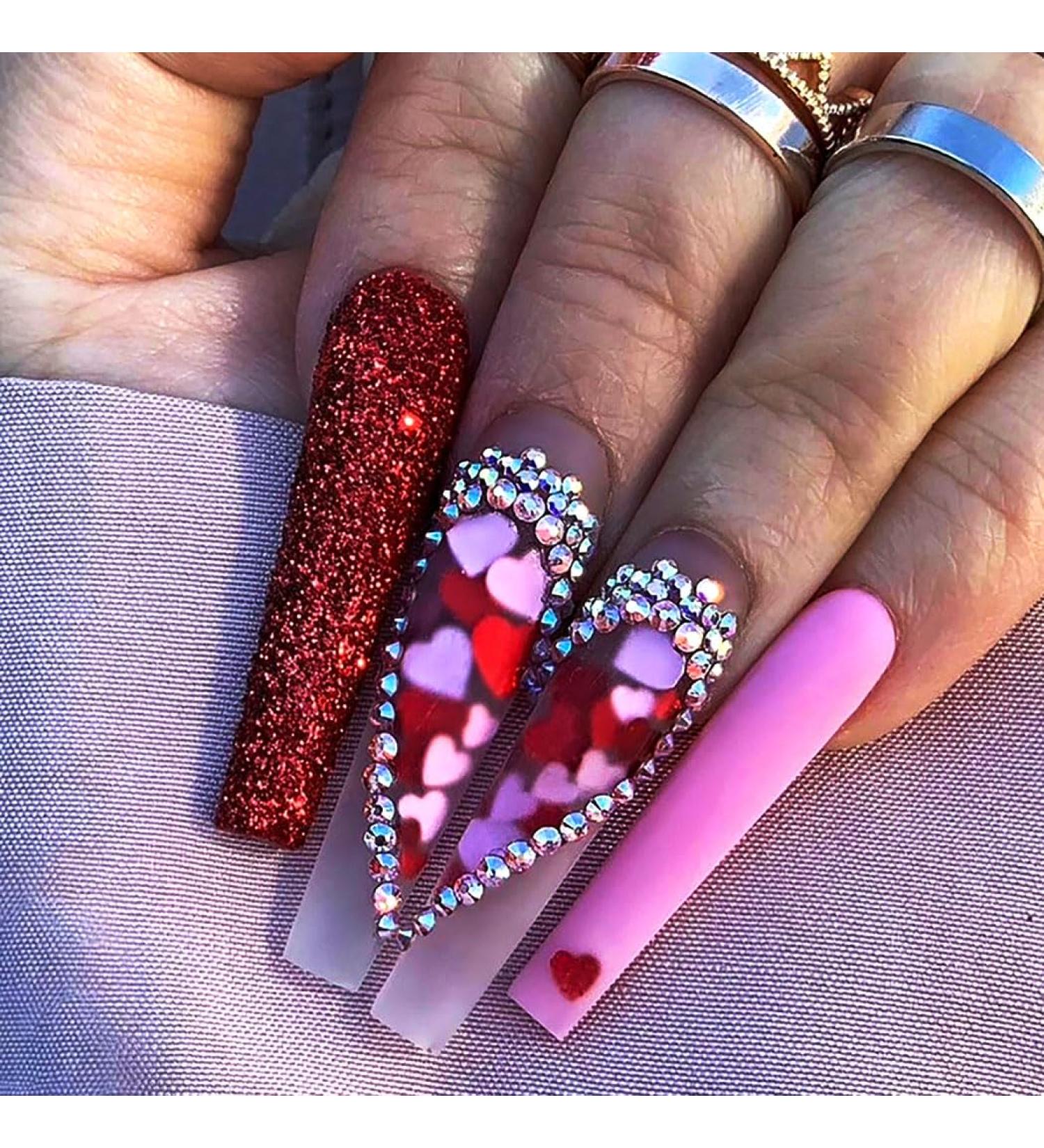 Brishow Red Press-On Nails with Heart Rhinestones | 24 Ballerina Acrylic Fake Nails for Women & Girls - International Shipping - Buy Online on GoSupps.com