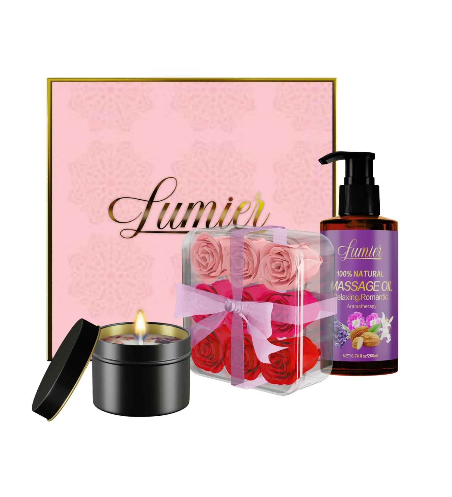 LUMIER Romantic Gift Basket - Relaxing Gift Box for Couples - Getaway Kit with Soap Roses  Massage Oil  Shower Steamer Tablets  Candle - Pamper Yourself - Date Night - Fun Travel Gift Baskets - Birthdays - Buy Online on GoSupps.com