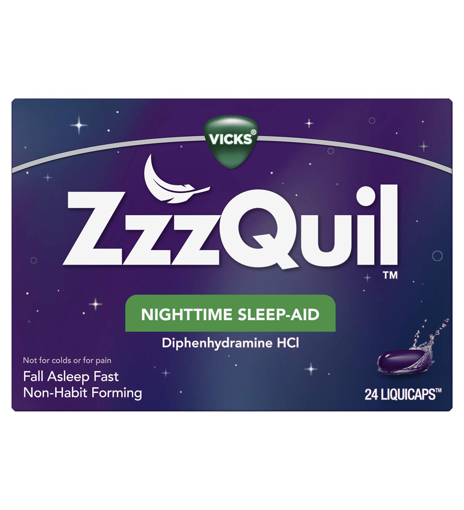 Vicks ZzzQuil Nighttime Sleep Aid LiquiCaps - 25mg Diphenhydramine HCl Non-Habit Forming Fall Asleep Fast - 24 Count - Buy Online on GoSupps.com