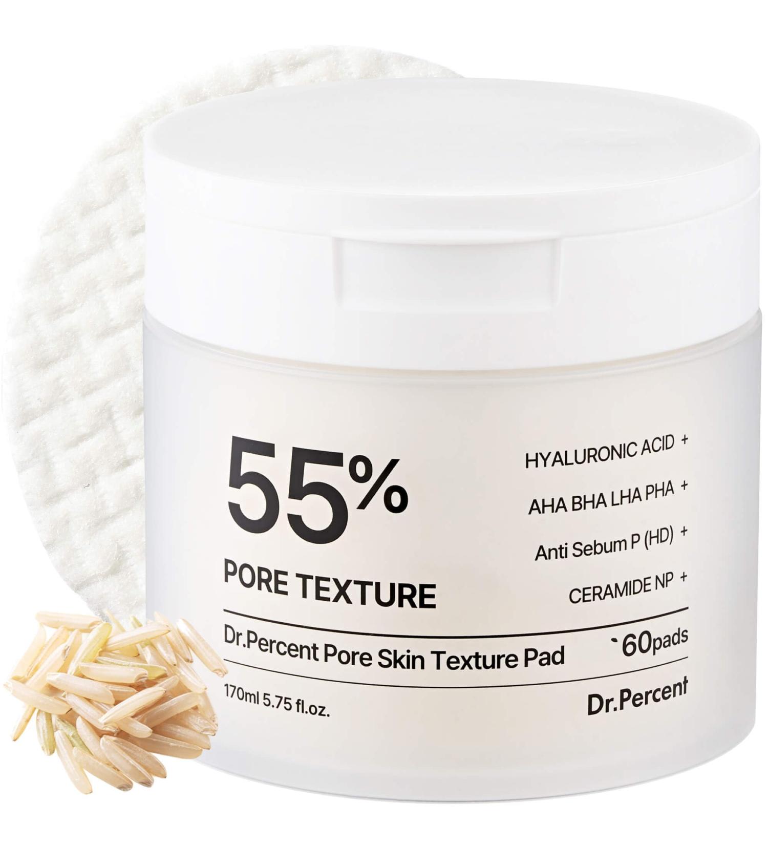 Dr.Percent Pore 55% Skin Texure Pad AHA BHA LHA Retinol & Rice Extract for Enlarged Pores Textured Skin Sebum Control Exfoliating Toner Pads for Glass Skin Non-Irritating Korean Skincare(60ct) - Buy Online on GoSupps.com