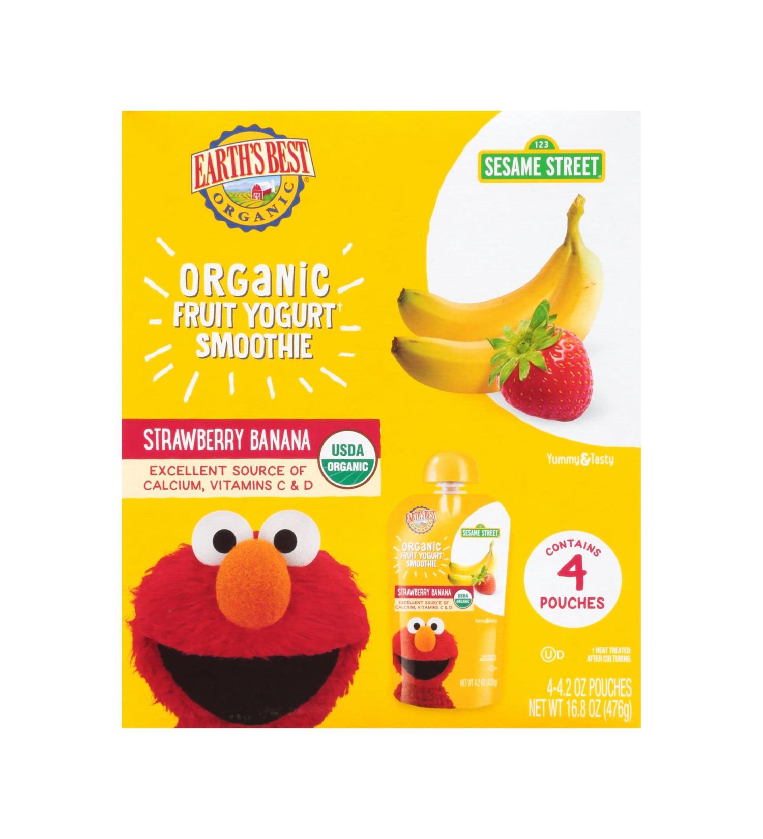 Earth's Best Organic Sesame Street Toddler Snacks - Strawberry Banana Yogurt Smoothie | 4.2 oz Pouch (Pack of 4) - Buy Online on GoSupps.com