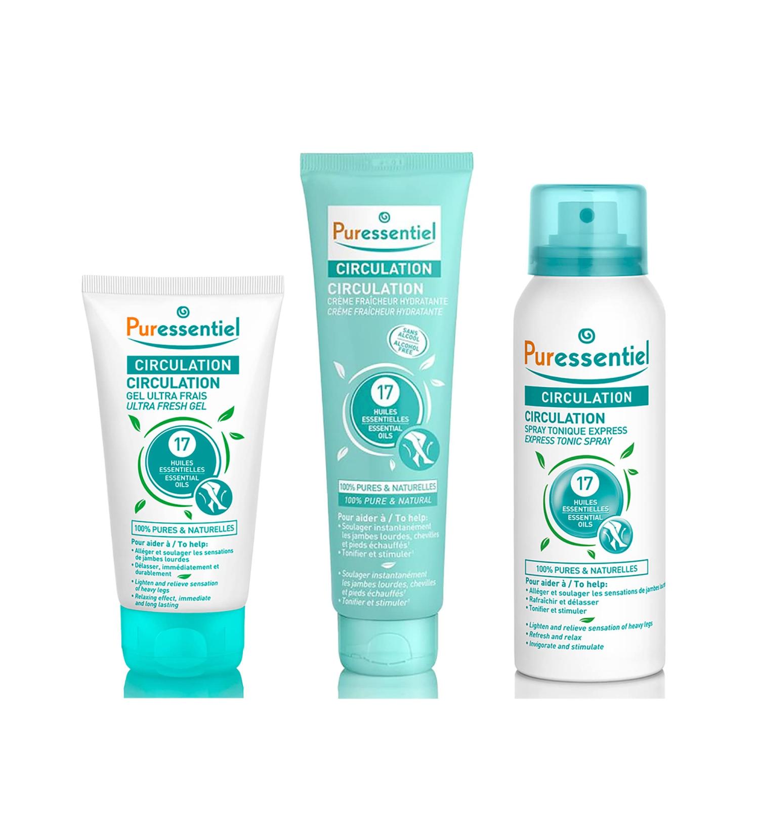 Puressentiel Circulation Essentials Set - Cooling Cream Fresh Gel and Spray - Aromatherapy Products for Muscle Tension - Provides Instant Lasting Relief - Natural and Plant-Based Blends - 3 pc - Buy Online on GoSupps.com